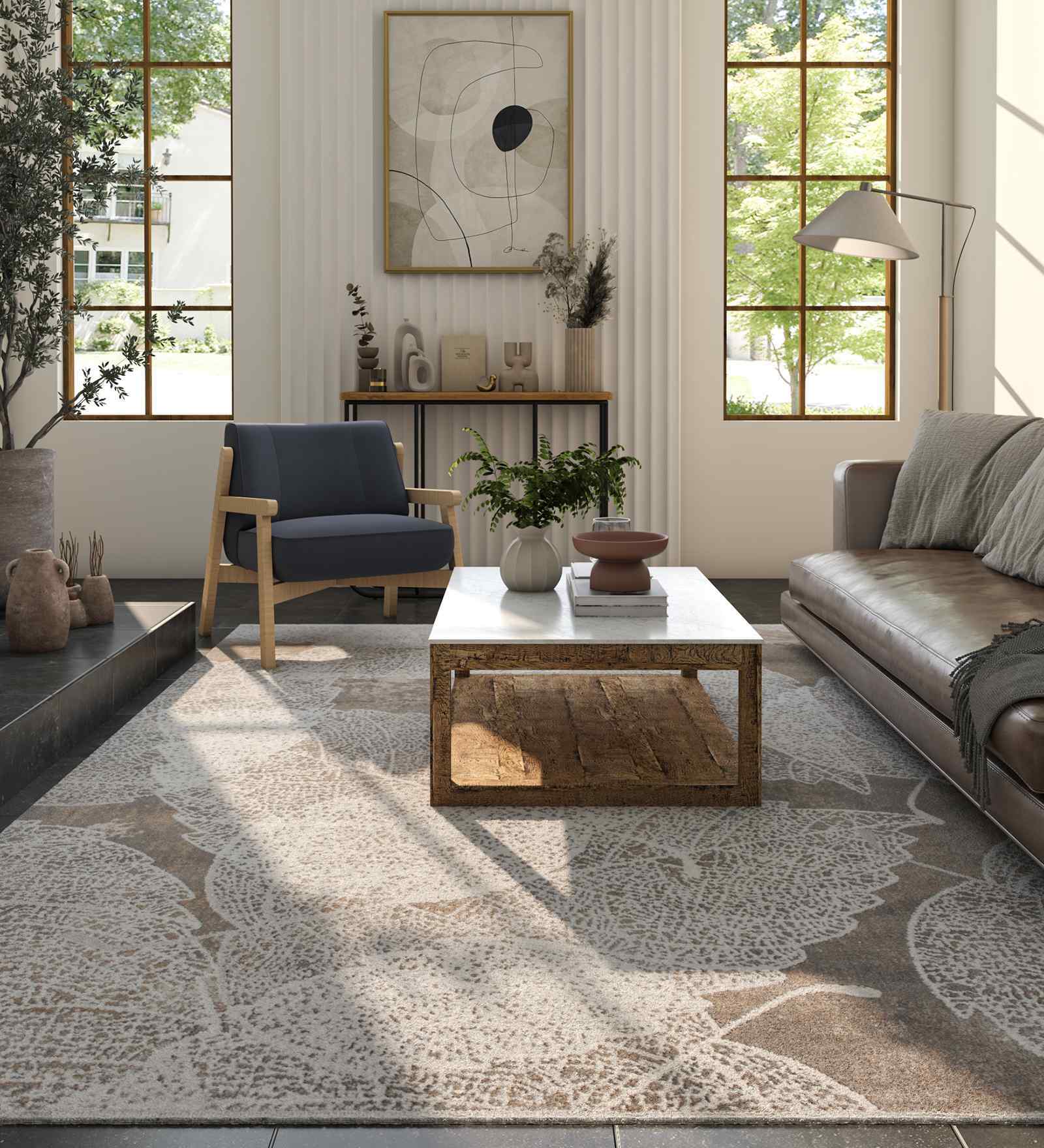 White And Brown Traditional Polyester 4X6 Feet Machine Made Carpet