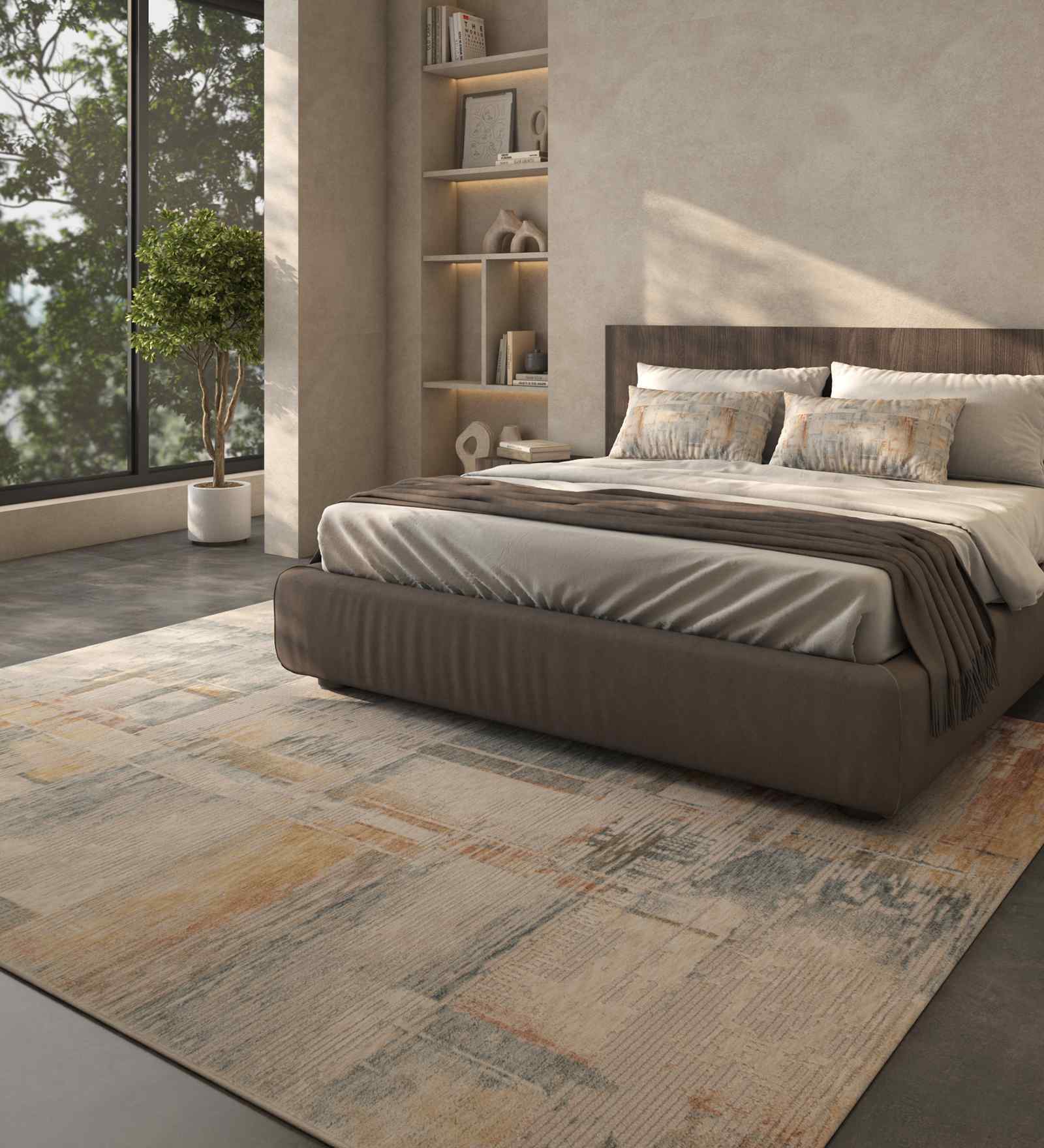 Blue And Yellow Abstract Polyester 5.5X7 Feet Machine Made Carpet