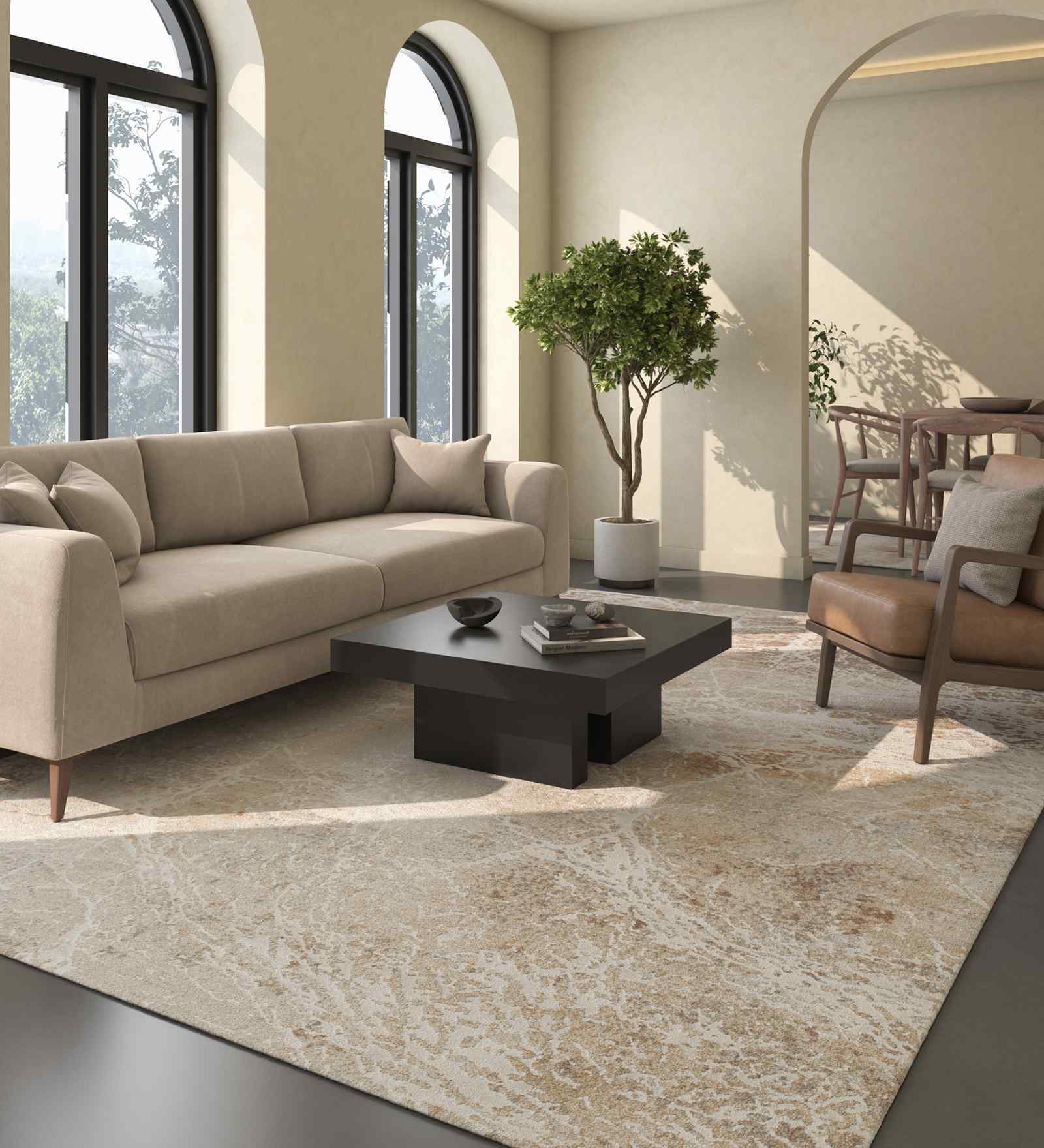 White And Brown Traditional Polyester 5.5X7 Feet Machine Made Carpet