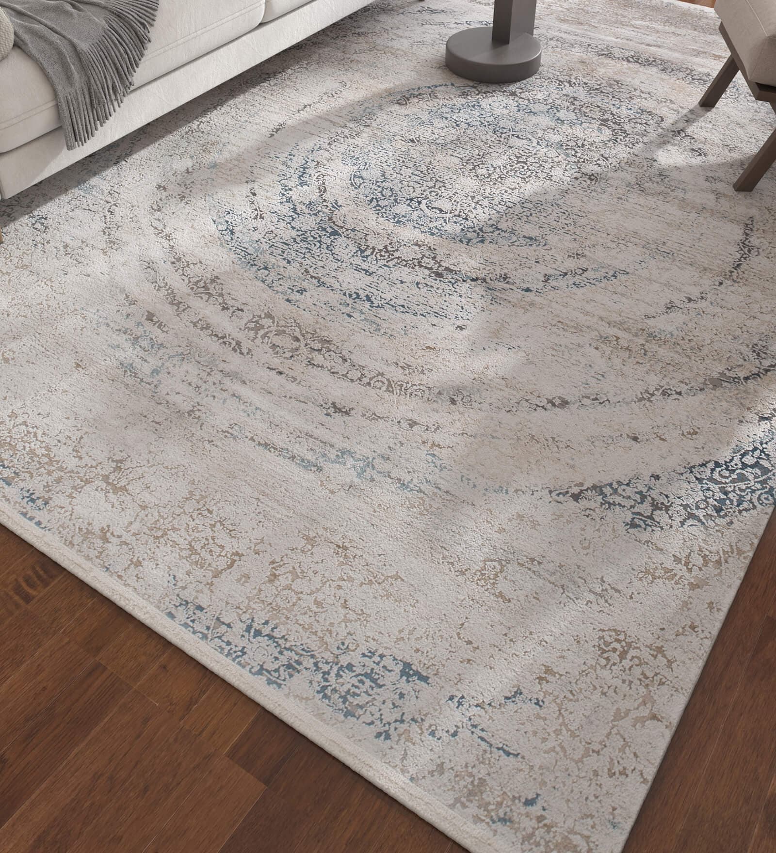 White And Blue Abstract Polyester 5X7 Feet Machine Made Carpet