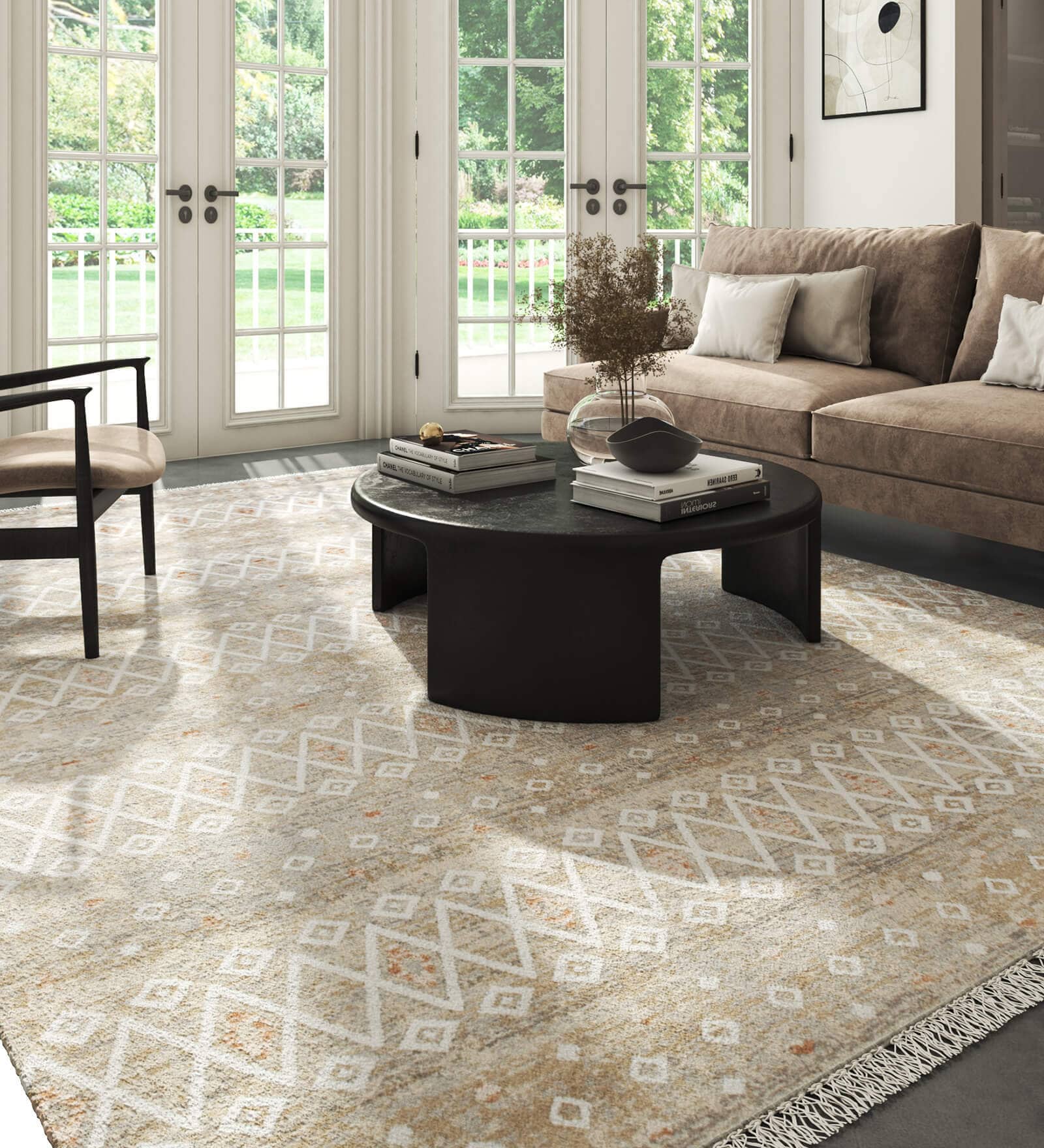 White And Beige Abstract Polyester 5X7 Feet Machine Made Carpet