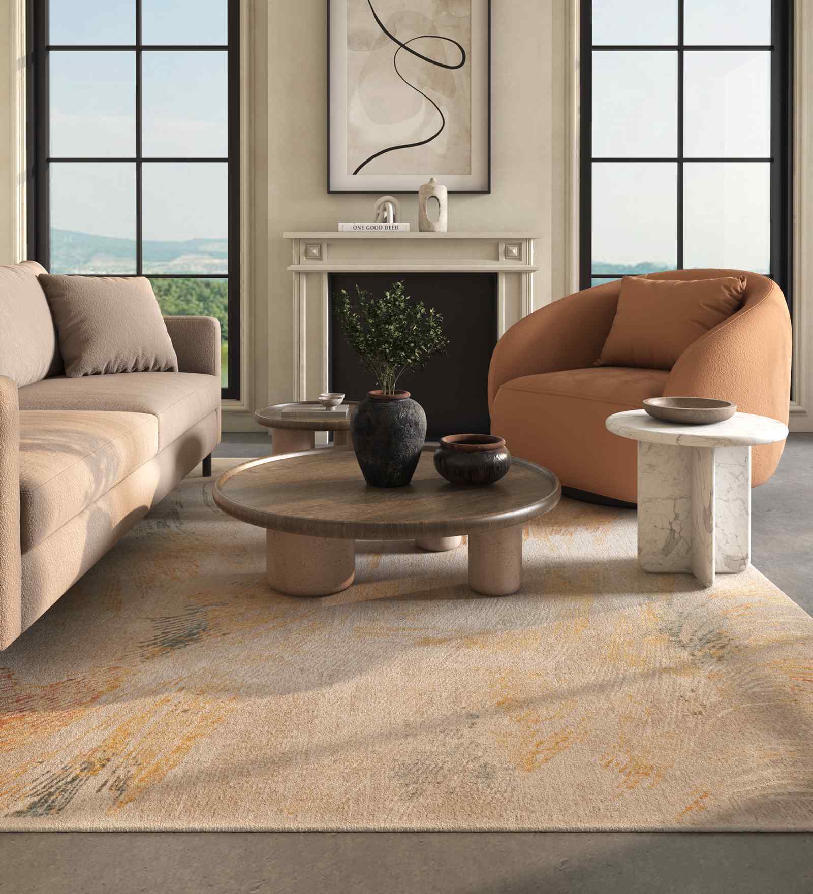 Beige And Orange Abstract Polyester 6.5X10 Feet Machine Made Carpet