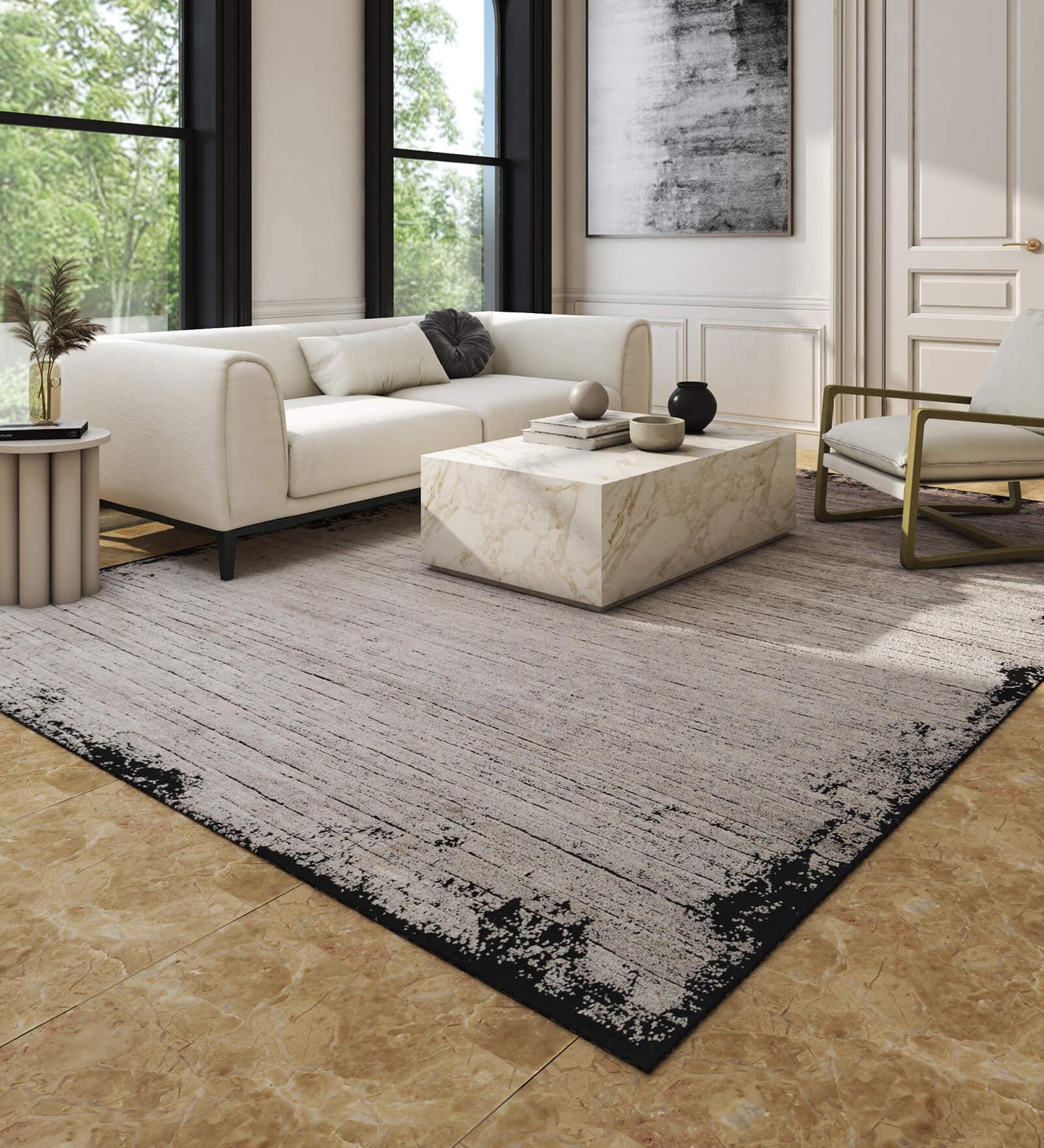 Grey And Black Abstract Polyester 6.5X9 Feet Machine Made Carpet