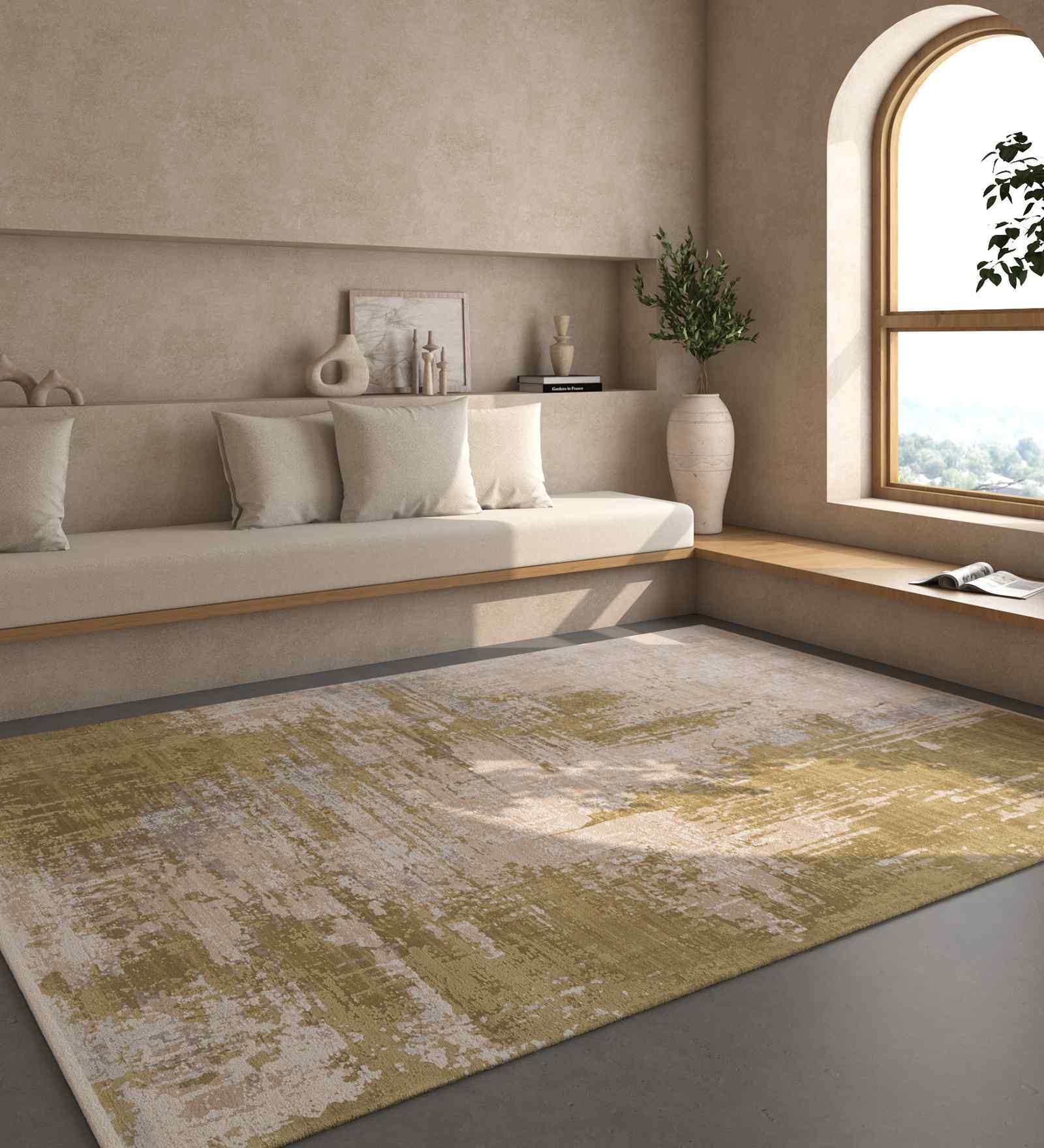 Grey And Green Abstract Polyester 6.5X9 Feet Machine Made Carpet