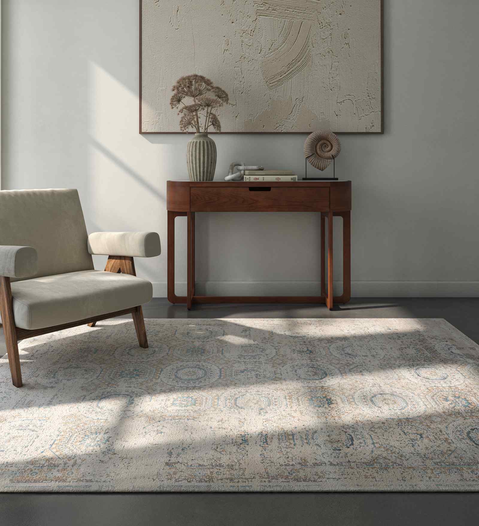 White And Blue Abstract Polyester 6.5X9 Feet Machine Made Carpet