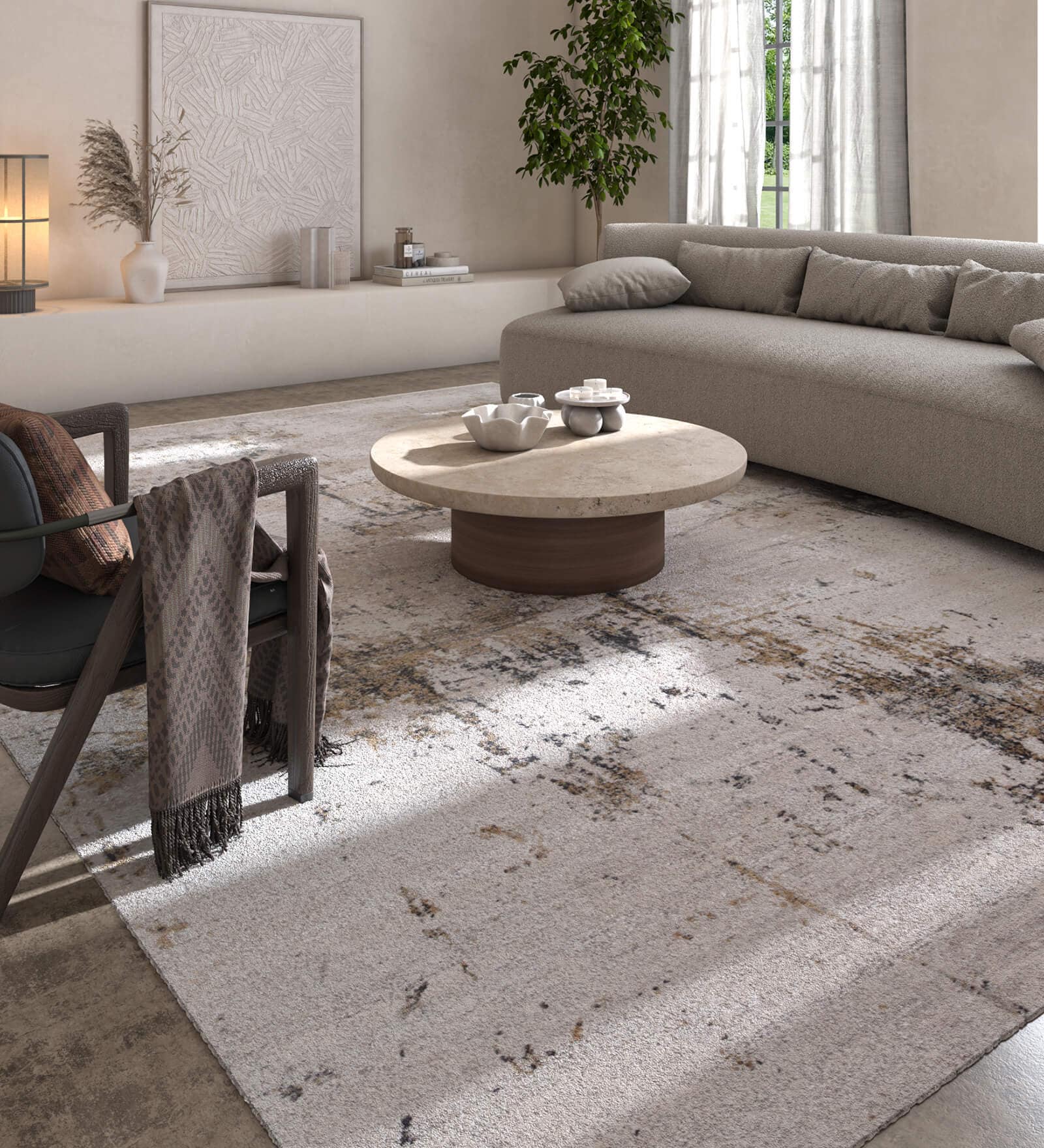 White And Grey Abstract Polyester 6.5X9 Feet Machine Made Carpet