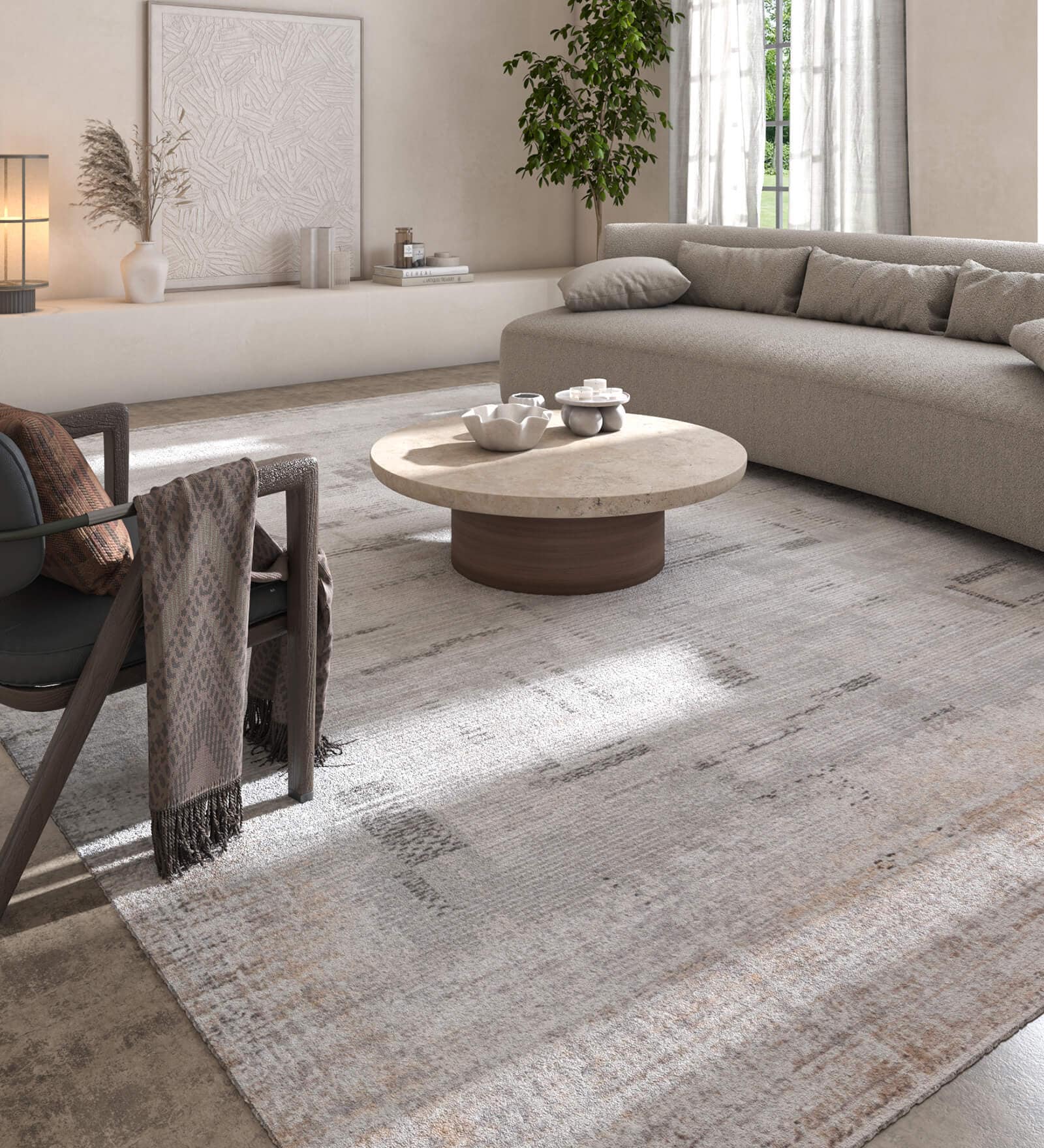 White And Grey Abstract Viscose 6.5X9 Feet Machine Made Carpet