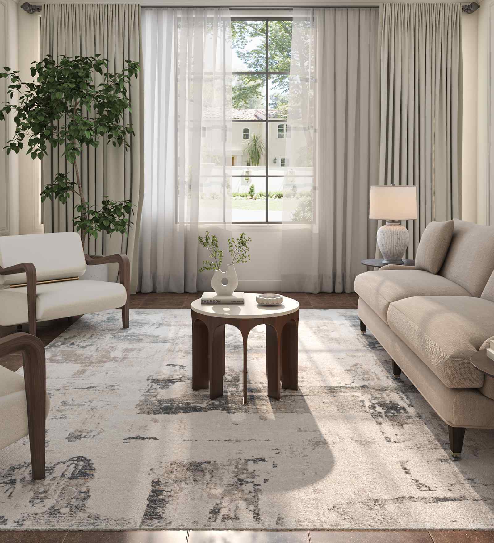 White And Grey Abstract Polyester 6.5X9 Feet Machine Made Carpet