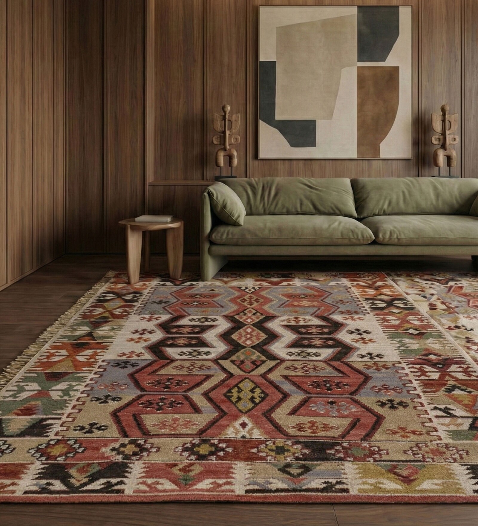 Soft Aztec Rug 5'6X7'6 ft| Natural Brown & Ribbon Red Carpet Dhurrie