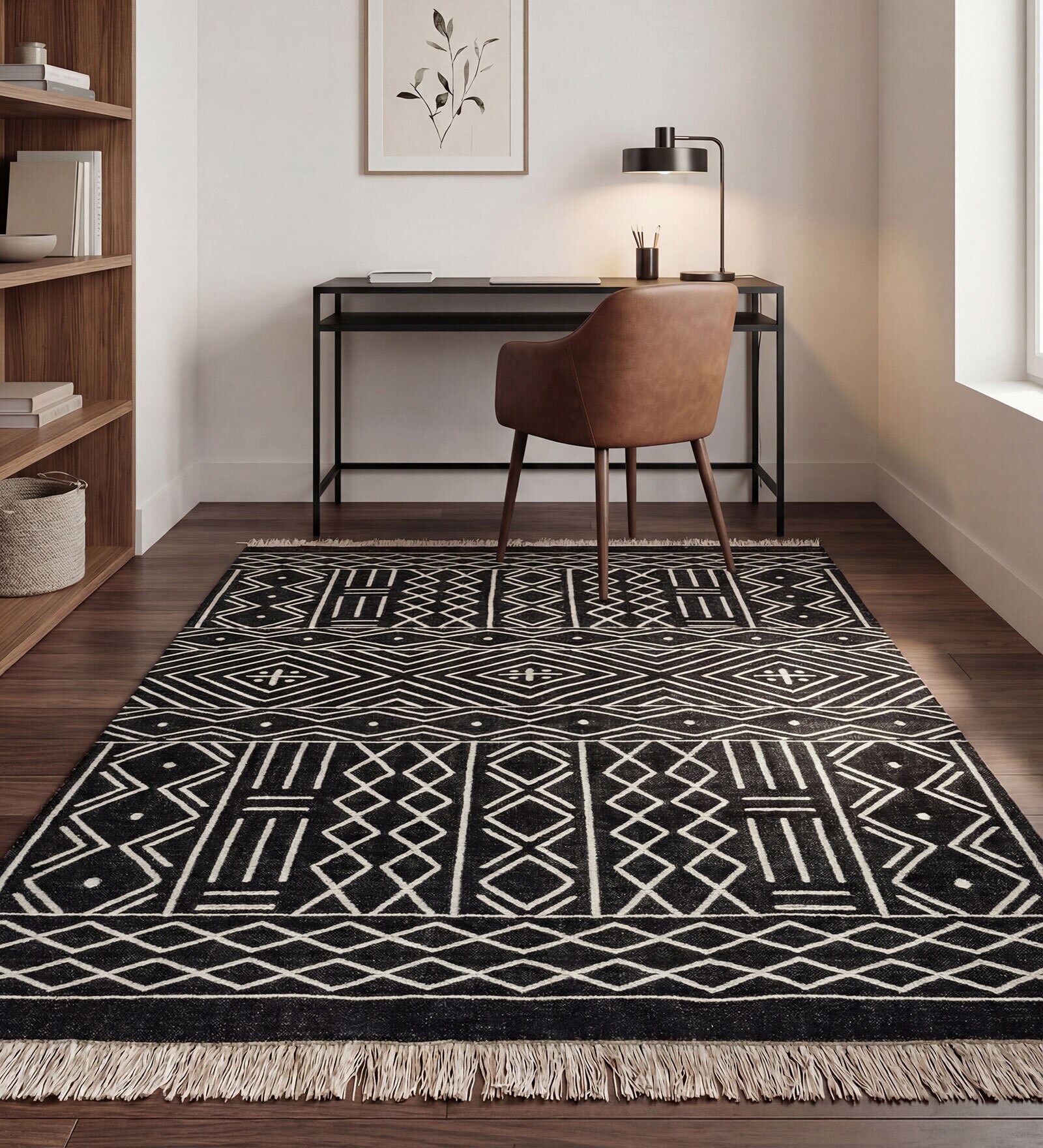 Soft Aztec Rug 5X8 ft| Ebony & White Carpet Dhurrie