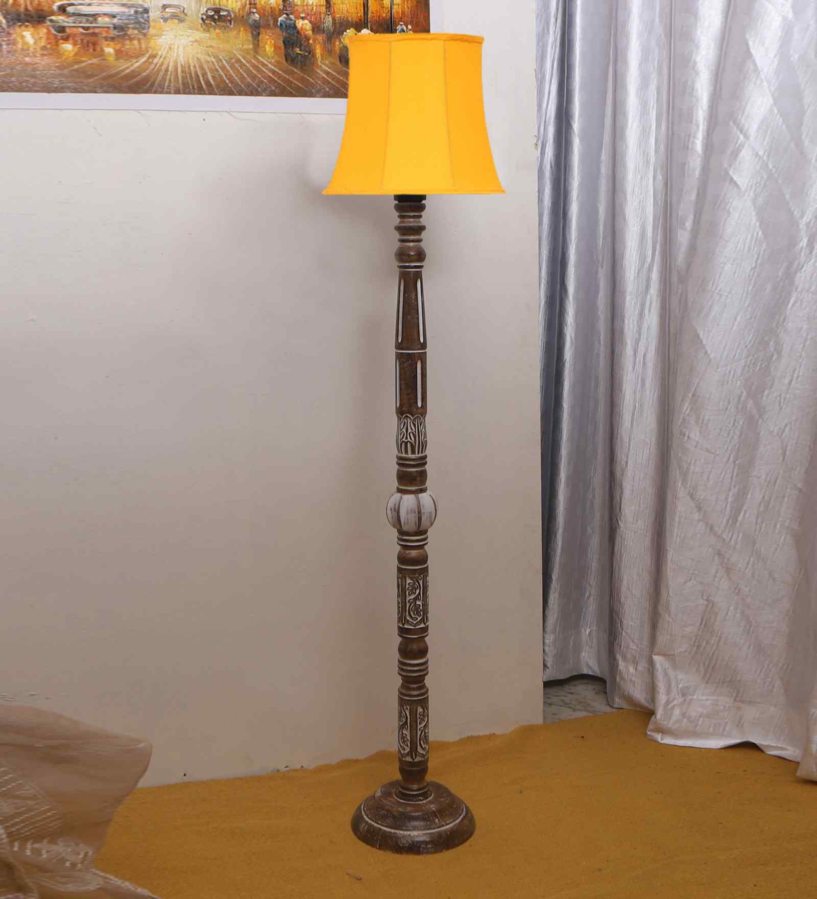 Soft Back Cotton Yellow Wooden Floor Lamp