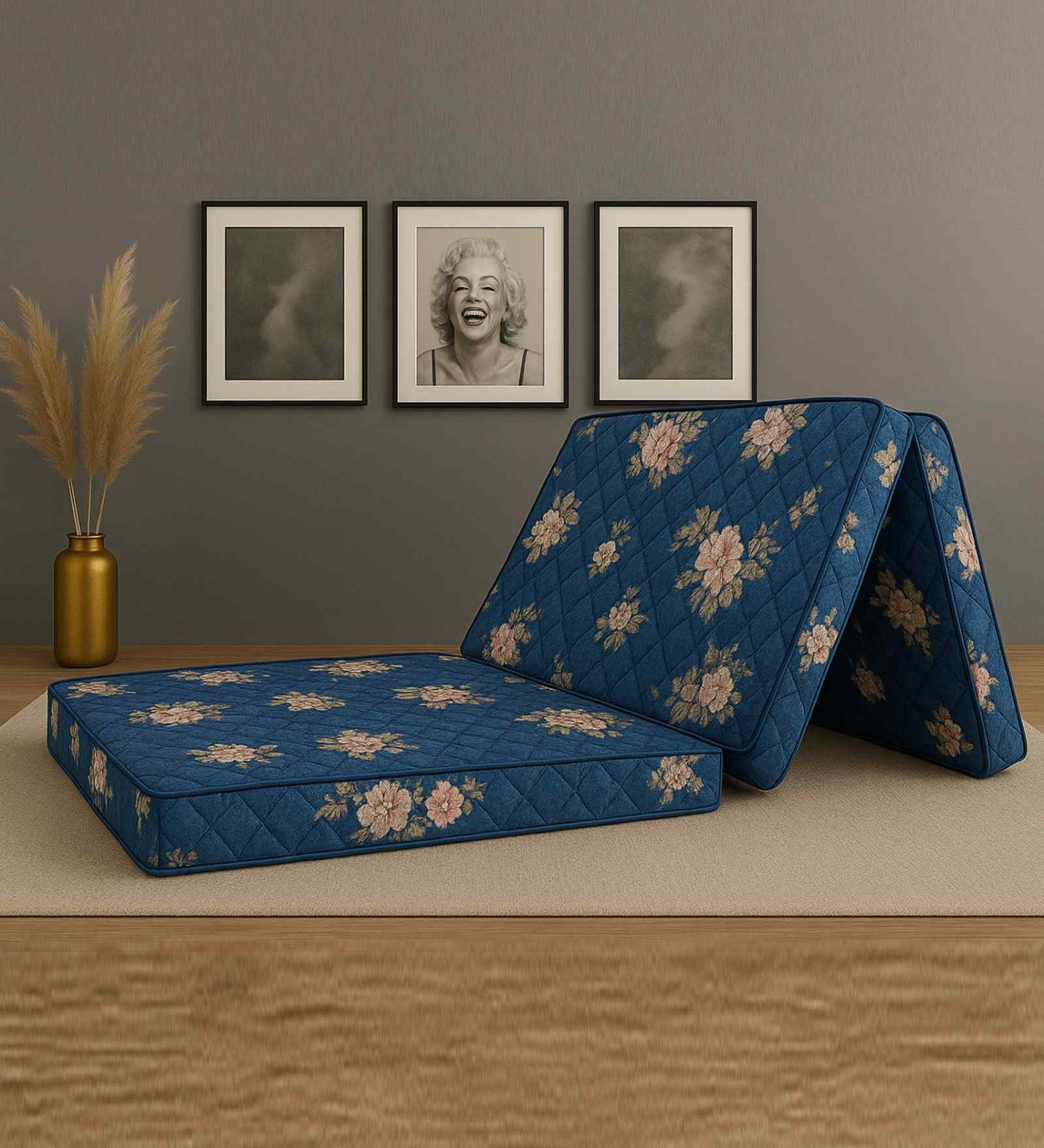 Soft Bounce Tri-Fold 4 Inch (72X48) In Blue Colour Queen Folding Mattress