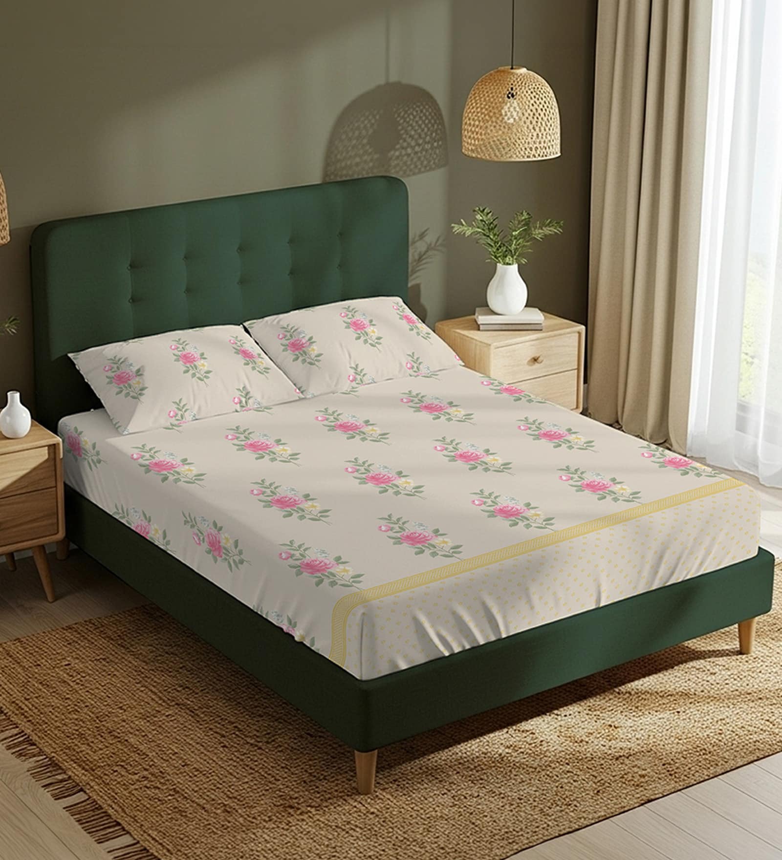 Soft Brown Floral 200 TC Cotton Double Bedsheet with 2 Pillow Covers