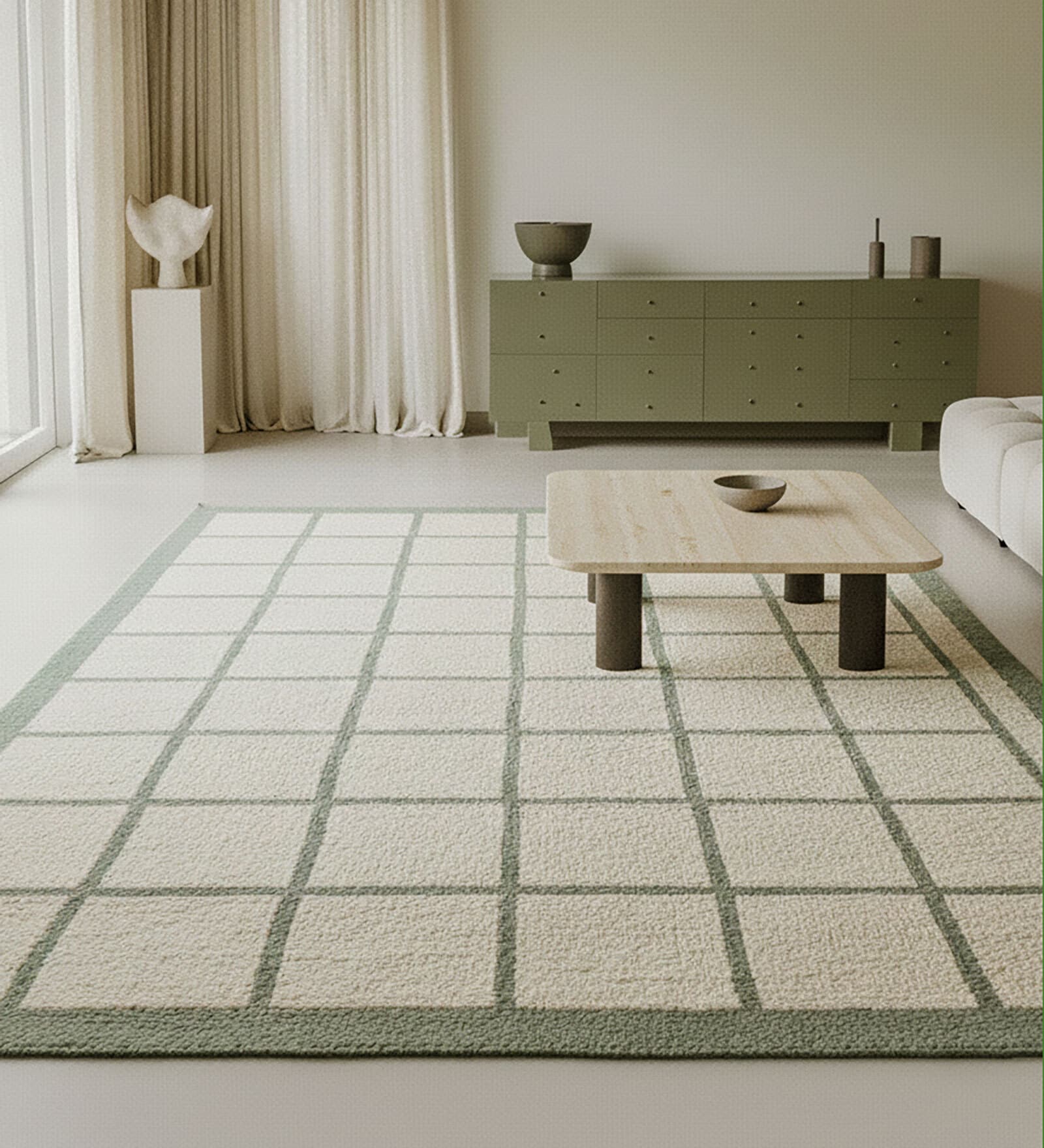Soft Checkered Rug 4'6X6'6 ft| White & Treetop Carpet Dhurrie