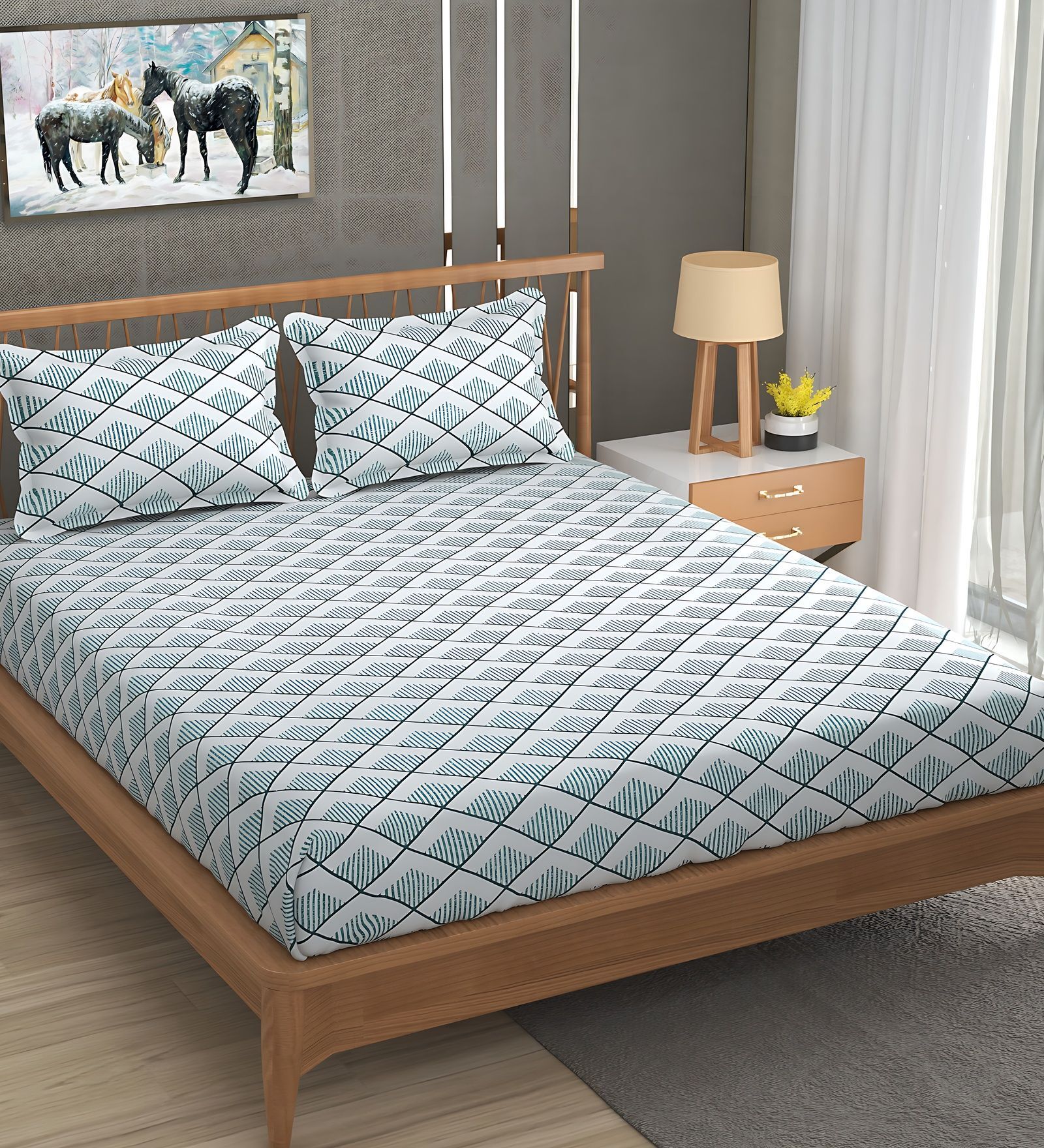 Light Green Soft Cotton Breathable and Wrinkel Free Double Fitted Bedsheet with 2 Pillow Covers
