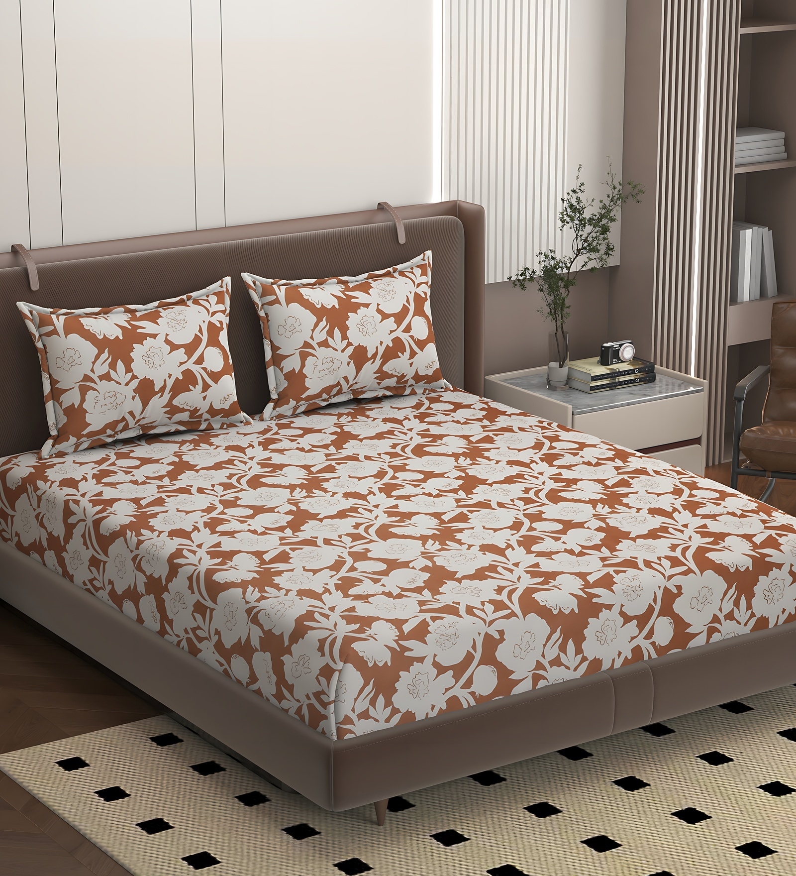 Brown Soft Cotton Breathable and Wrinkel Free Double Fitted Bedsheet with 2 Pillow Covers