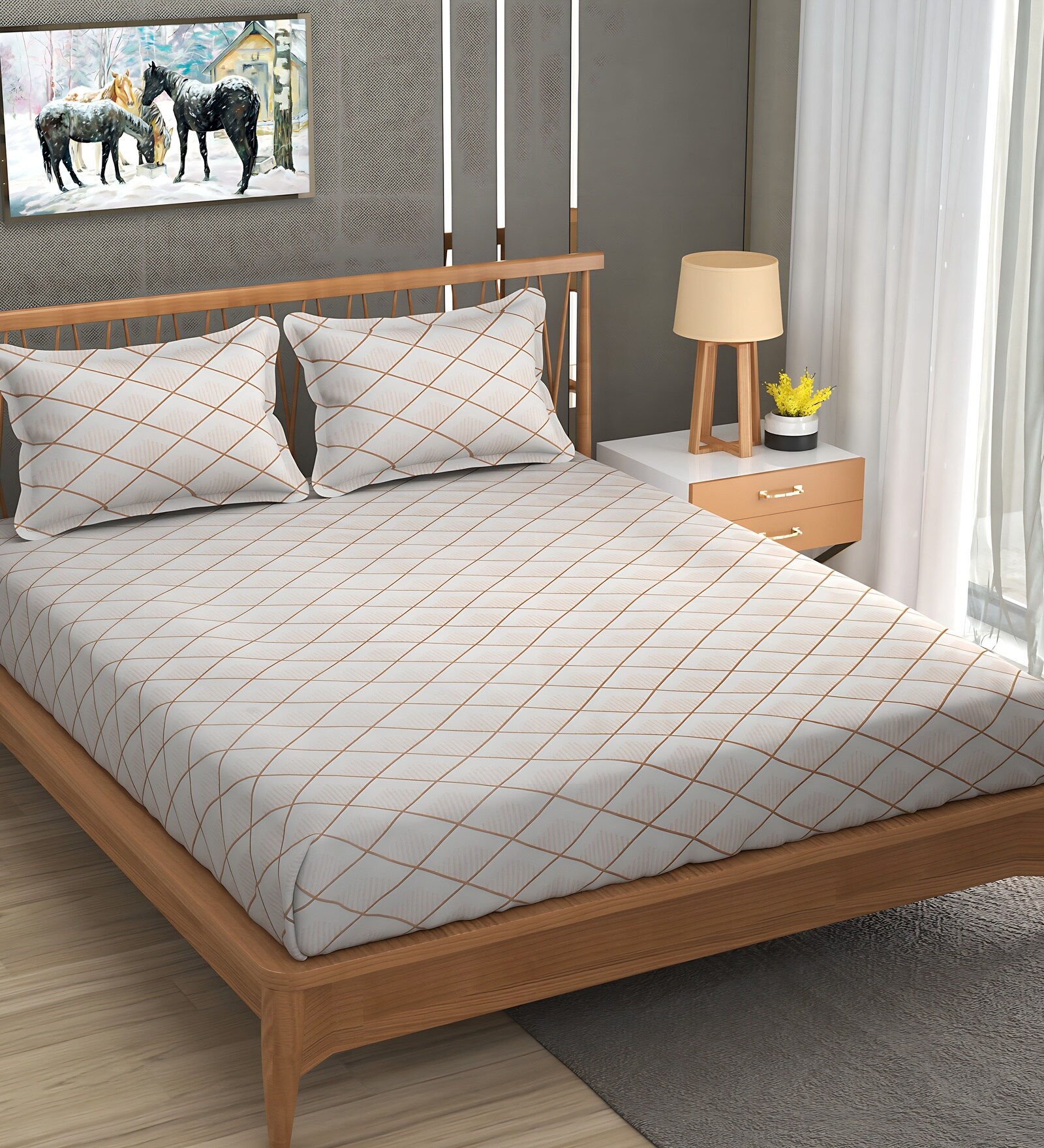 Light Pink Soft Cotton Breathable and Wrinkel Free Double Fitted Bedsheet with 2 Pillow Covers