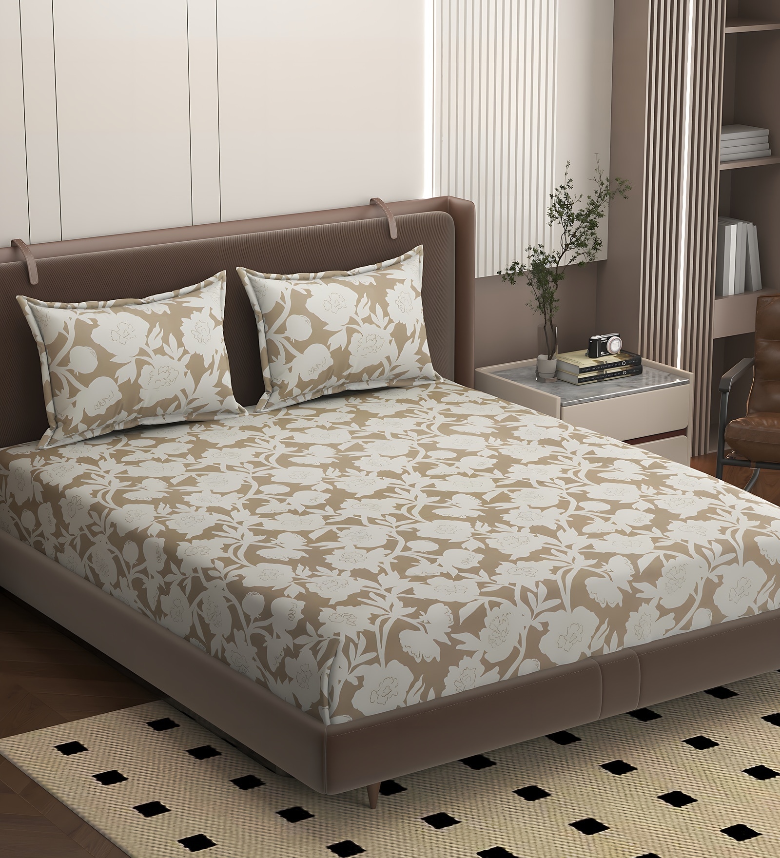 Cream Soft Cotton Breathable and Wrinkel Free Double Fitted Bedsheet with 2 Pillow Covers