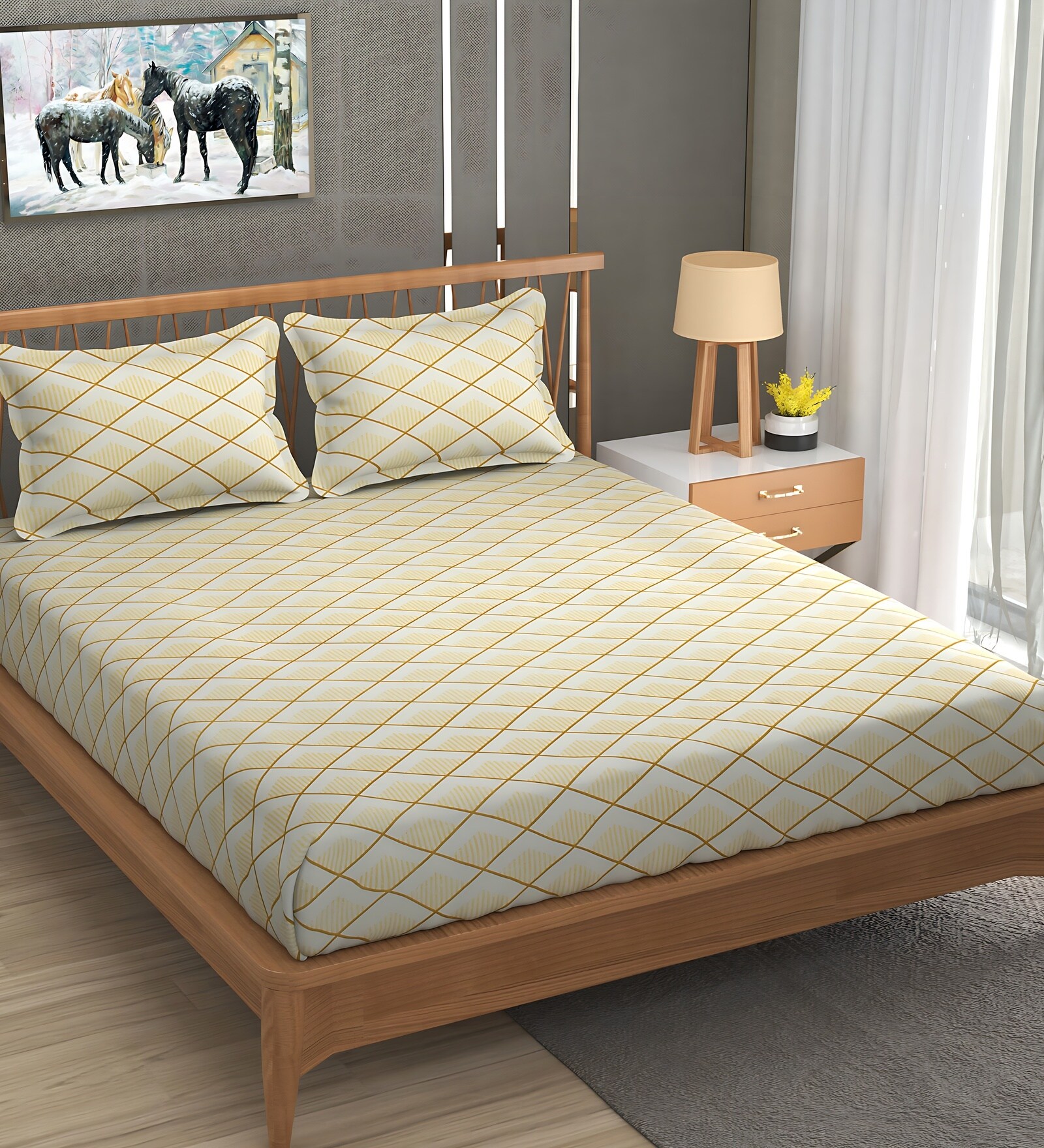 Beige Soft Cotton Breathable and Wrinkel Free Double Fitted Bedsheet with 2 Pillow Covers