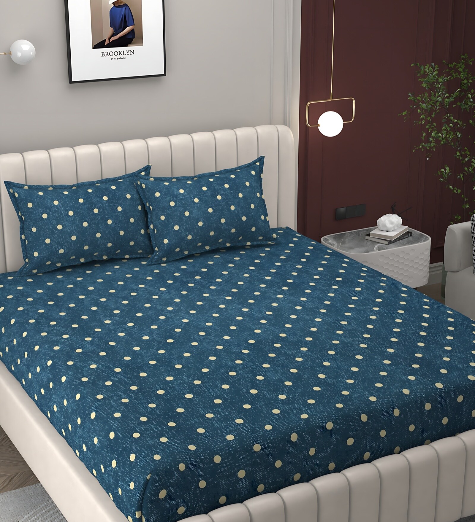Blue Soft Cotton Breathable and Wrinkel Free Double Fitted Bedsheet with 2 Pillow Covers