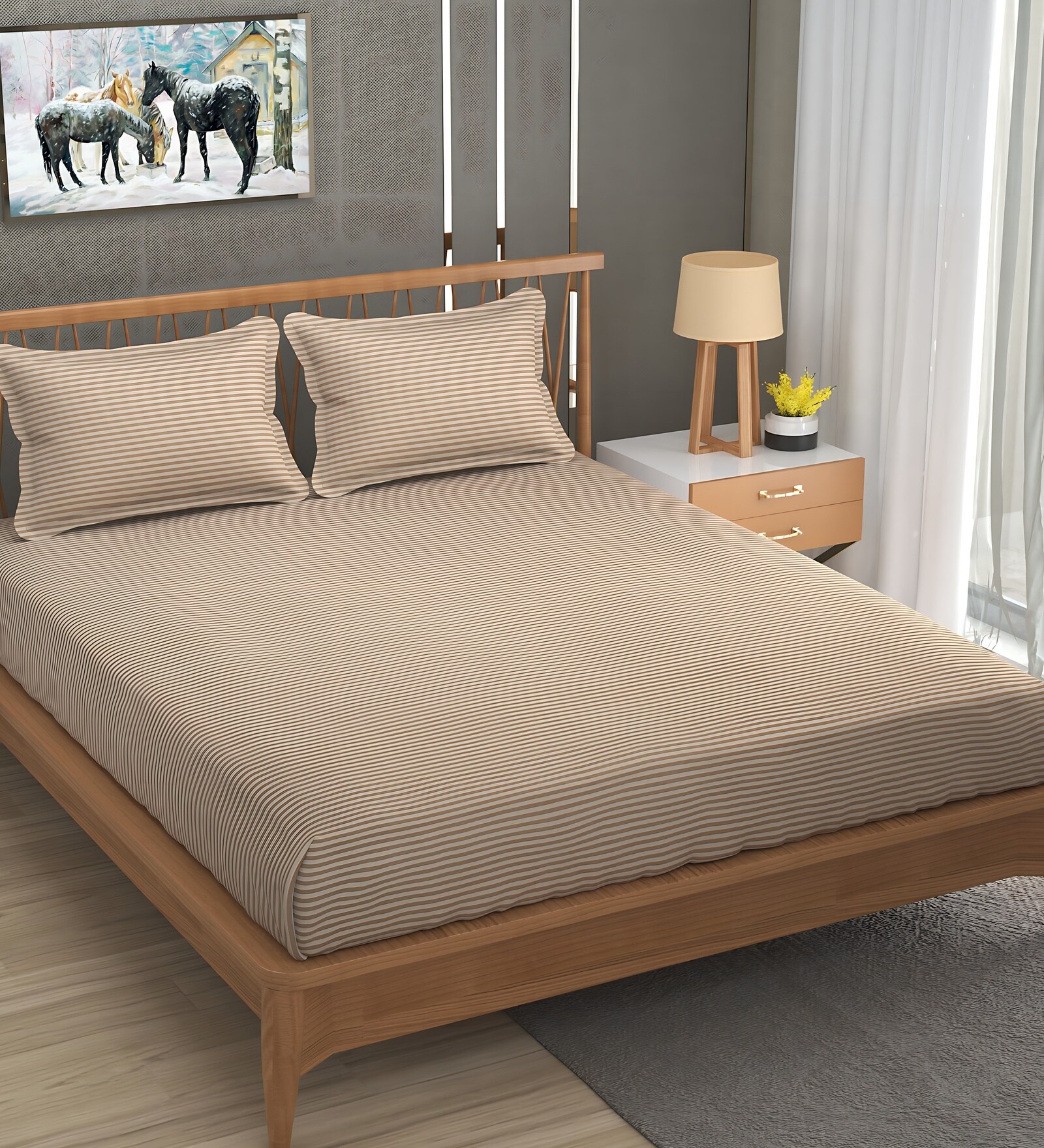 Brown Soft Cotton Breathable and Wrinkel Free Double Fitted Bedsheet with 2 Pillow Covers