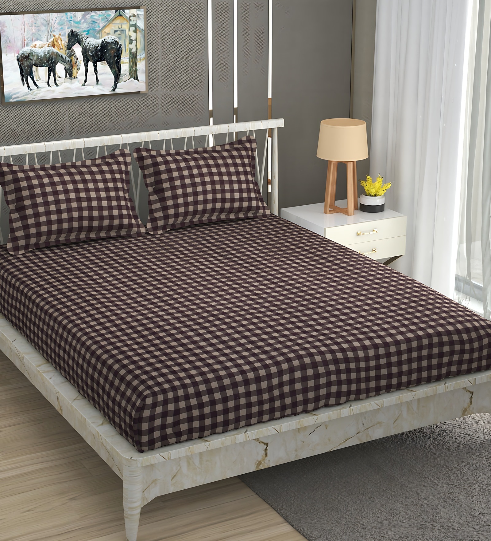 Brown Soft Cotton Breathable and Wrinkel Free Double Fitted Bedsheet with 2 Pillow Covers