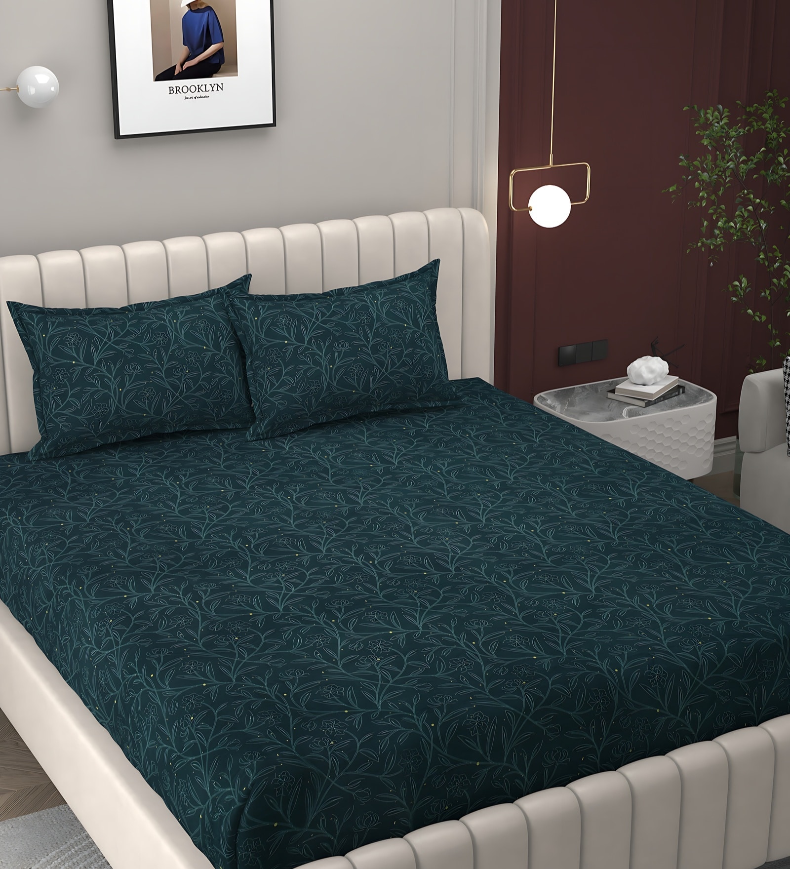 Dark Green Soft Cotton Breathable and Wrinkel Free Double Fitted Bedsheet with 2 Pillow Covers