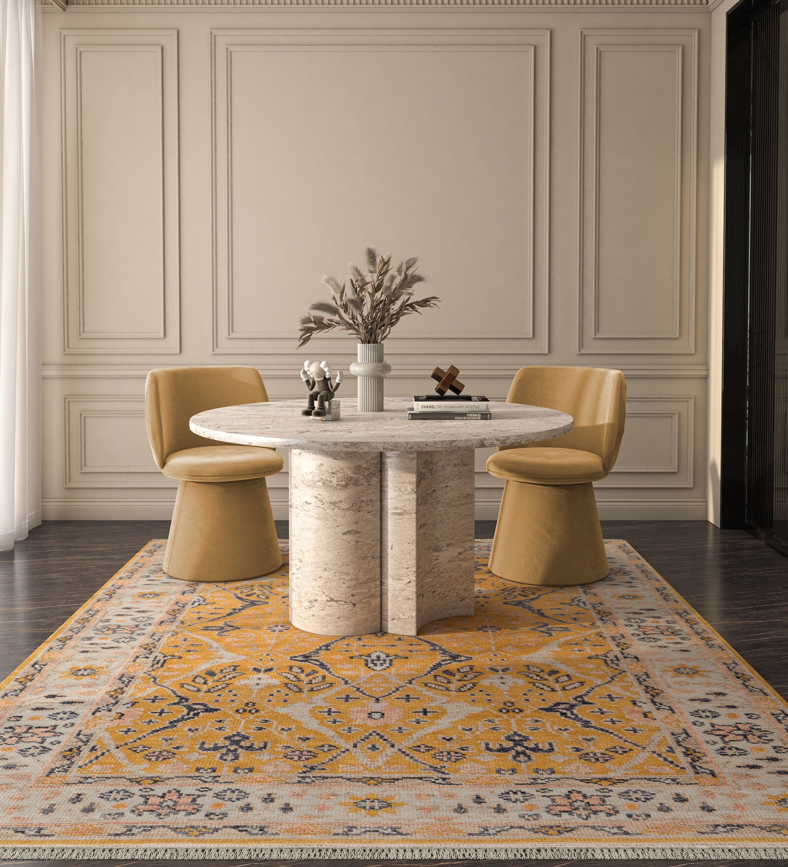 Soft Ethnic Motif Rug 5X8 ft| Yellow flash & Deep Navy Carpet Dhurrie