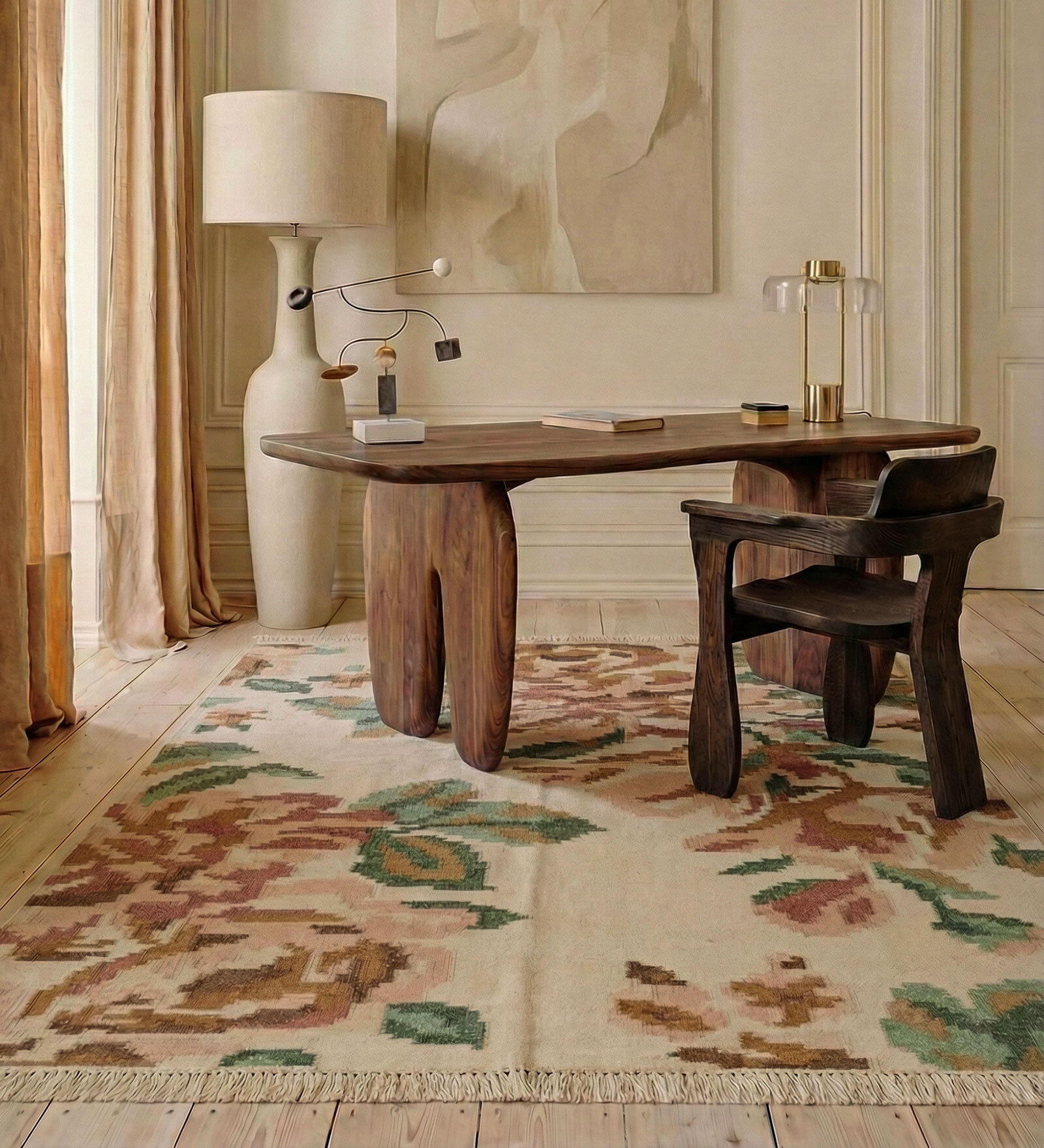 Soft Floral Rug 5X8 ft| Bright Yellow & Ashwood Carpet Dhurrie