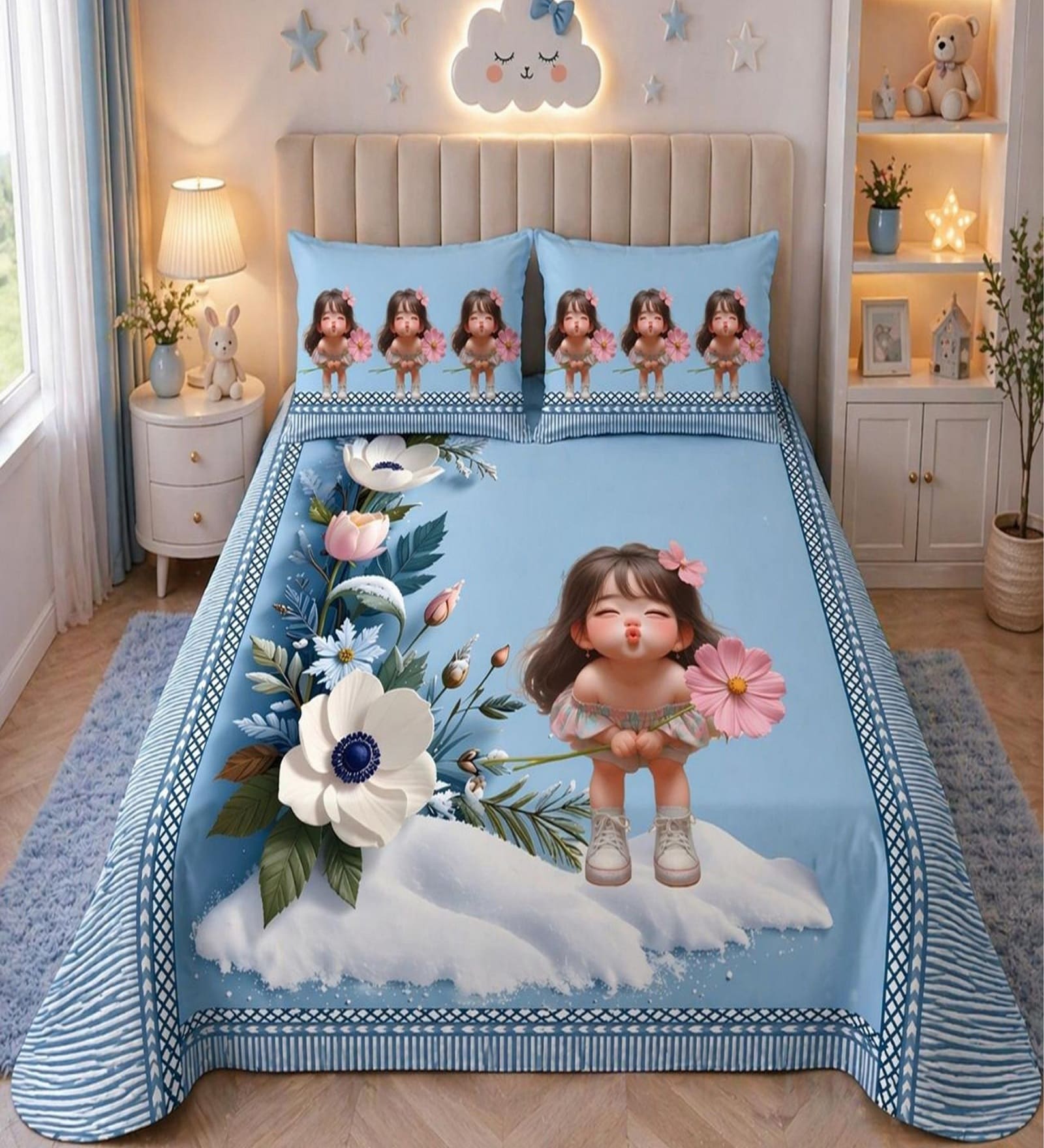 Blue 7D Digital Printed Baby With Flower Queen Size Bedsheet Sheet with 2 Matching Pillow Covers