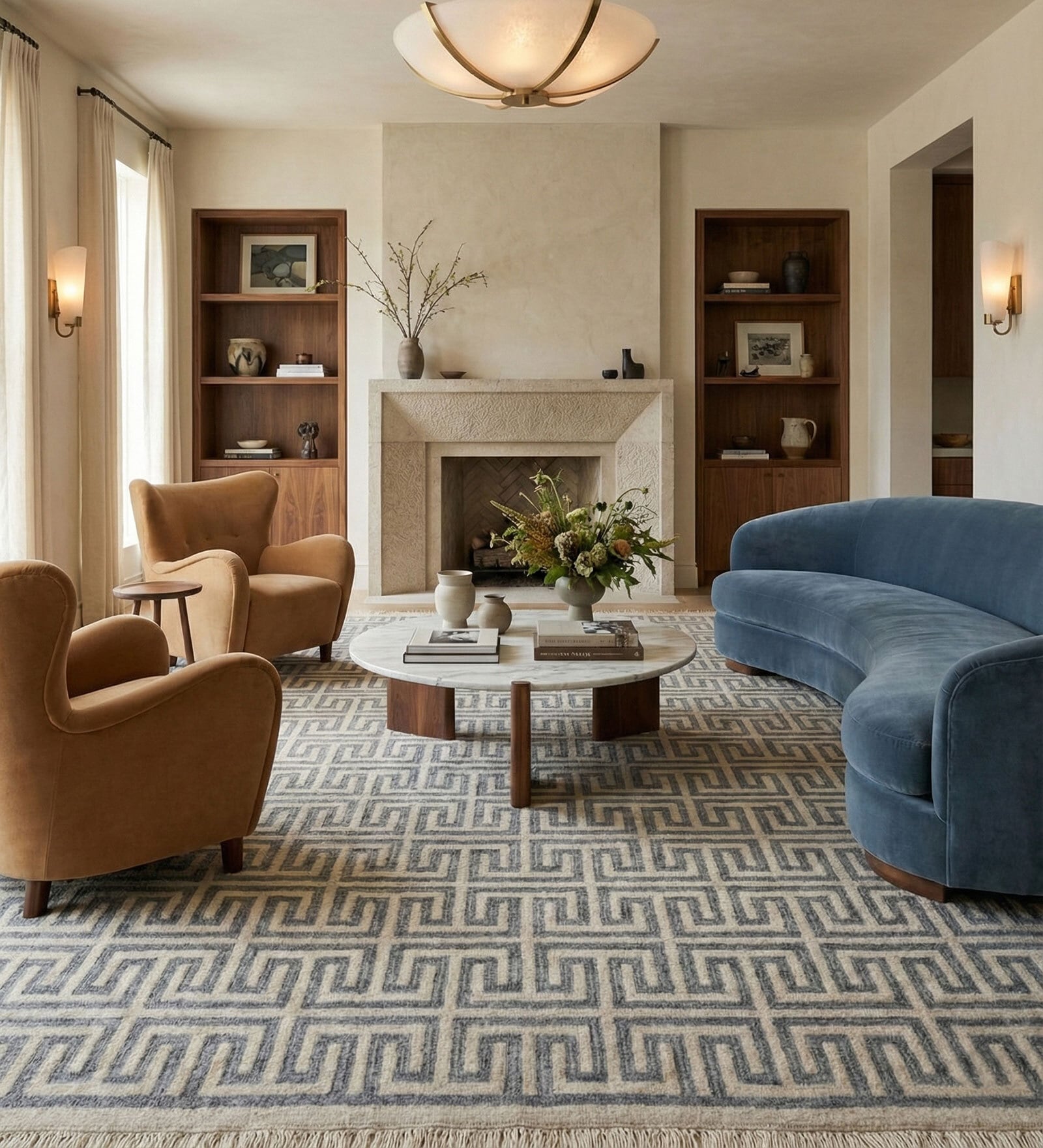 Soft Greek Key Rug 9X12 ft| Ensign Blue & Ashwood Carpet Dhurrie