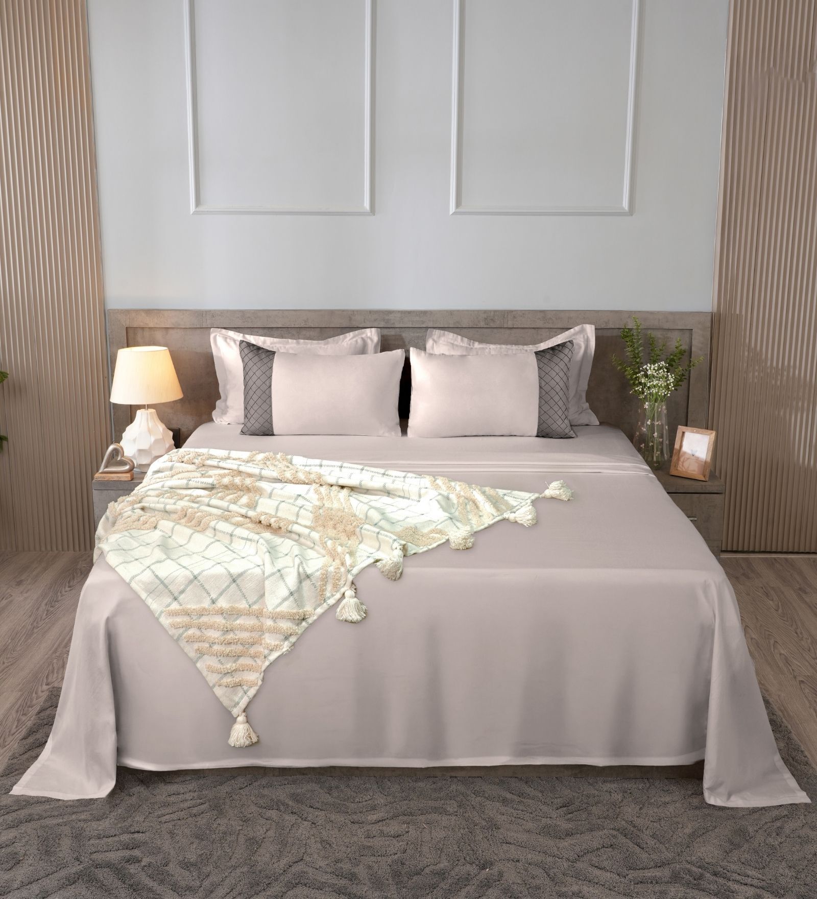 Soft Grey 300TC 100% Cotton Solids Flat Super King Bedsheet With 2 Pillow Covers
