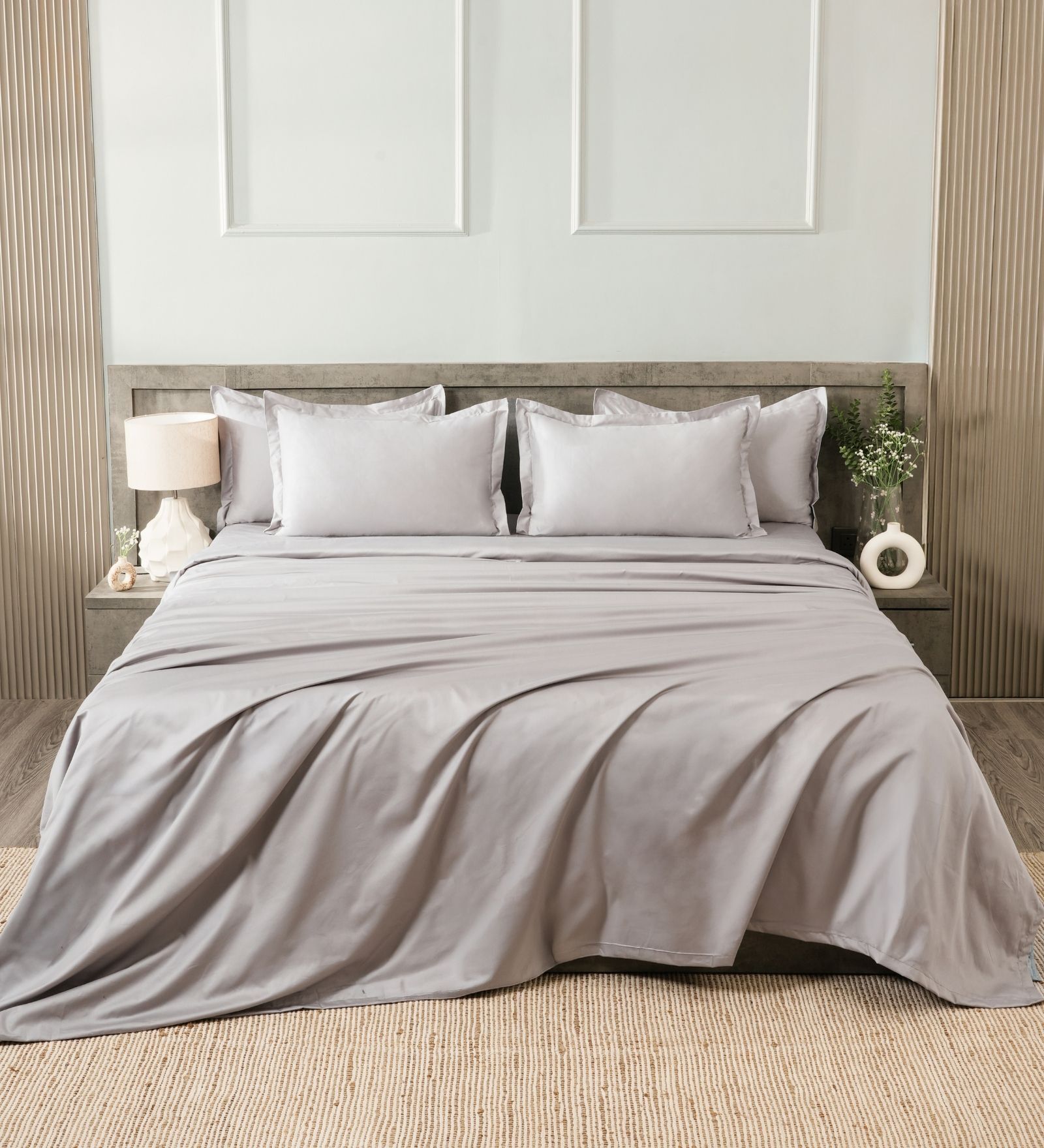 Grey 400TC 100% Cotton Solid Flat Super King Bedsheet With 2 Pillow Covers