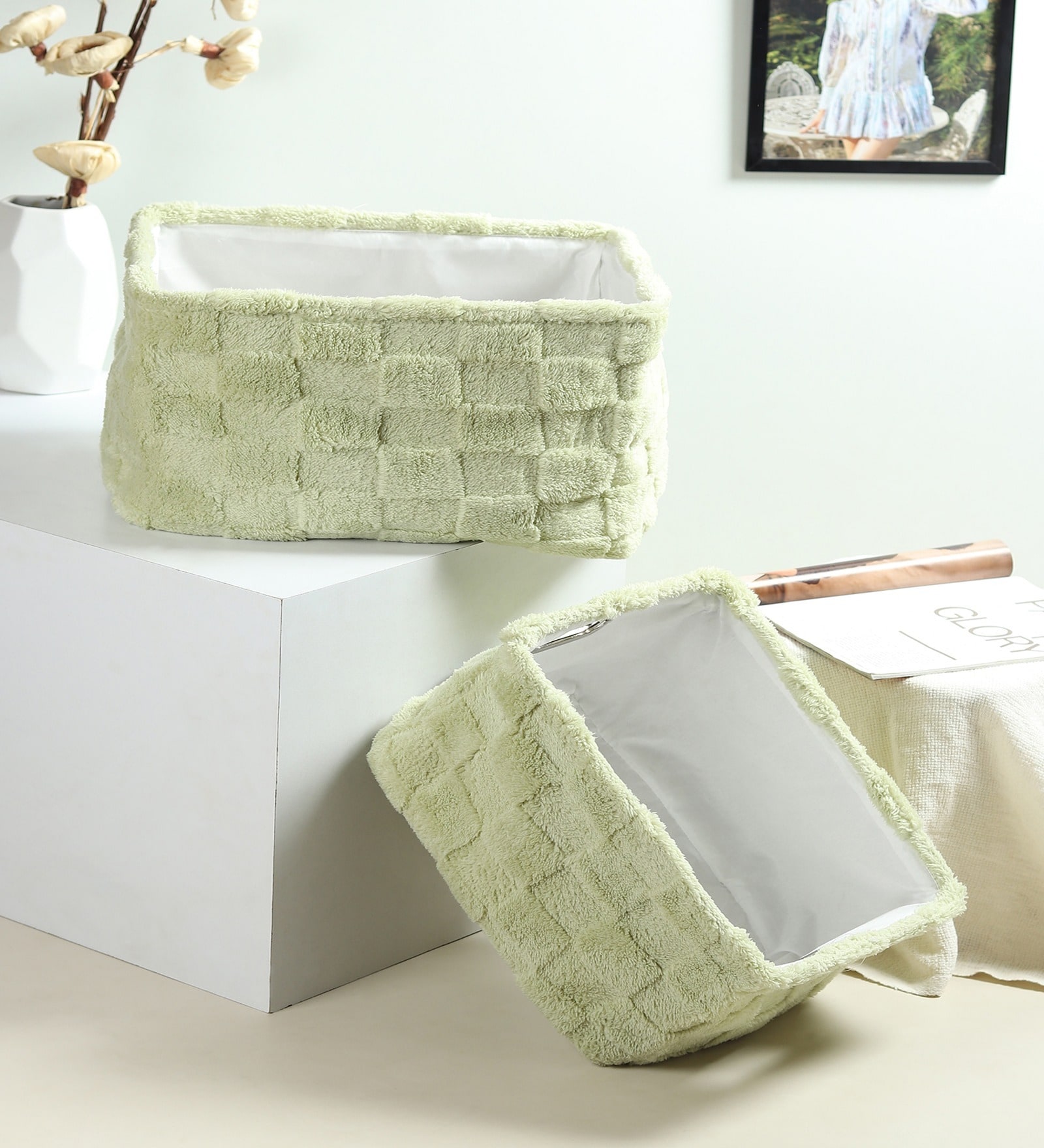 Soft Grid Plush Storage Basket Sage Green Set Of 2