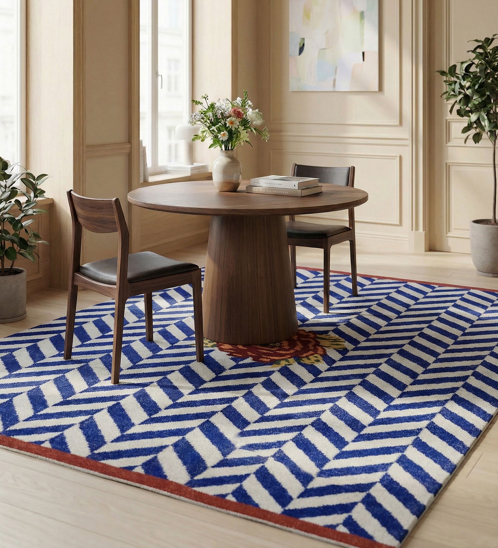 Soft Herringbone Rug 5X6'6 ft| Deep Navy & White Carpet Dhurrie