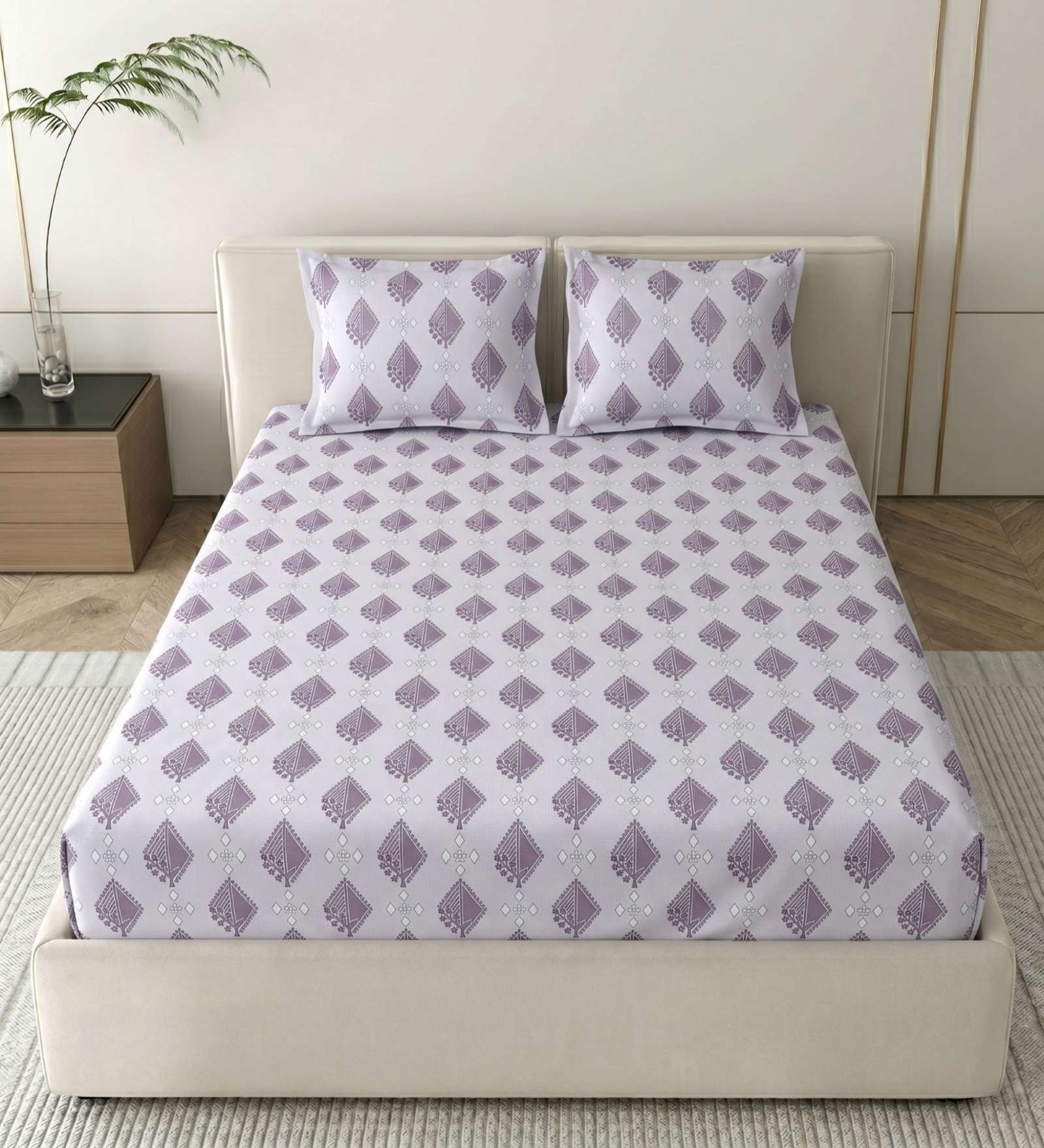 Soft Lavender Grace Double 186 TC Cotton Bedsheet With 2 Matching Pillow Covers