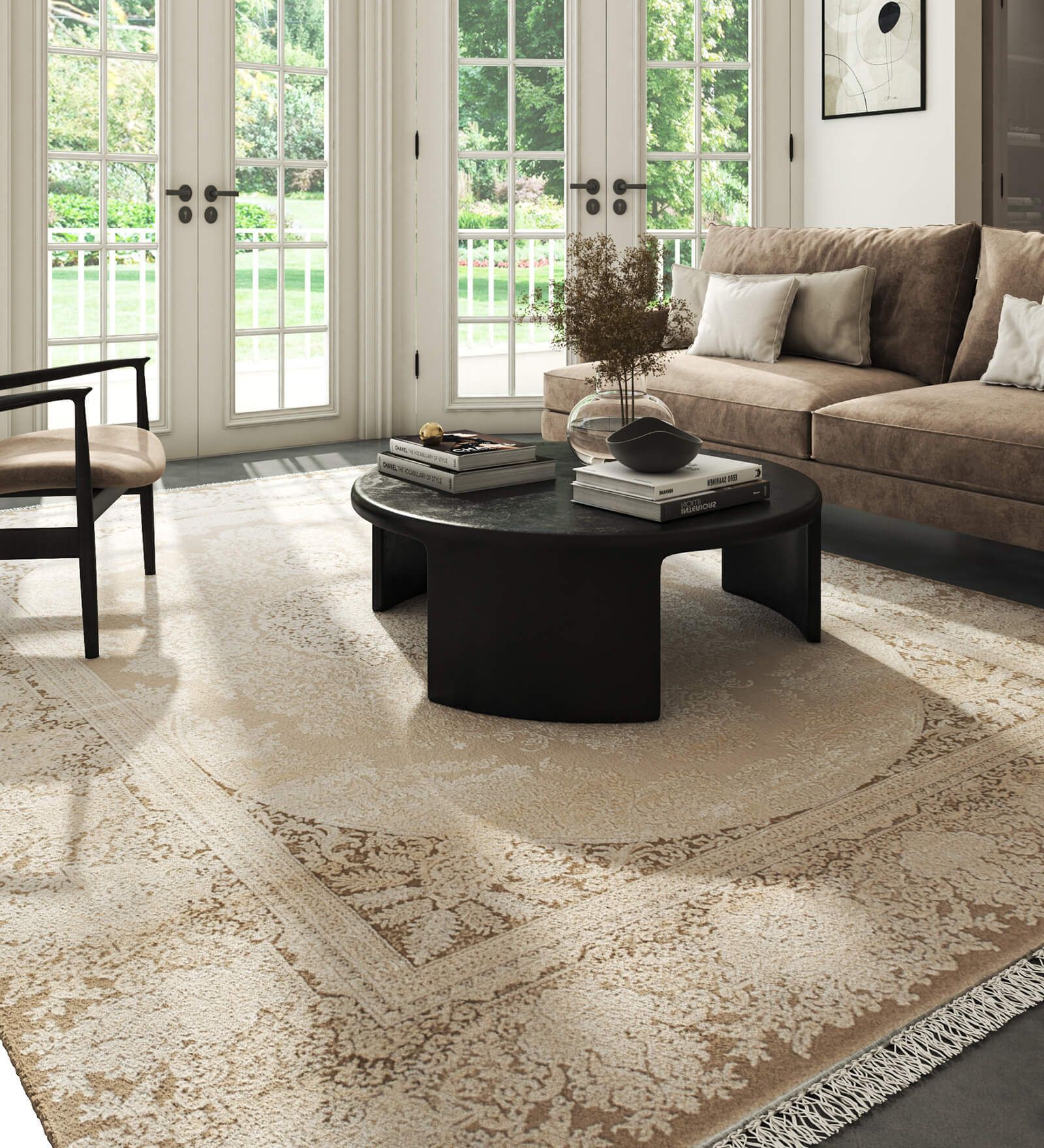 Peach And Brown Traditional Polyester 4X6 Feet Machine Made Carpet