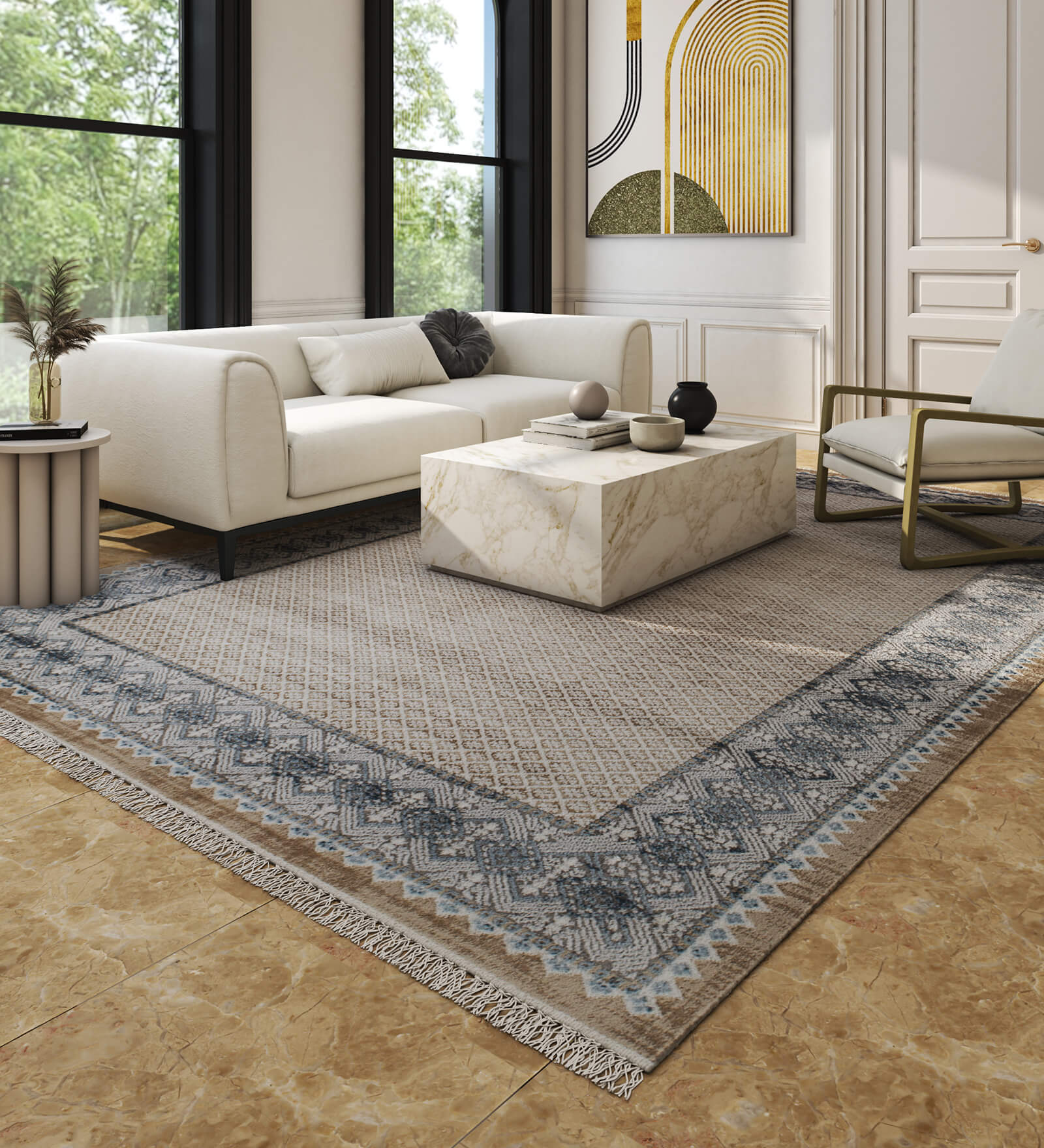 White And Brown Patchwork Polyester 4X6 Feet Machine Made Carpet