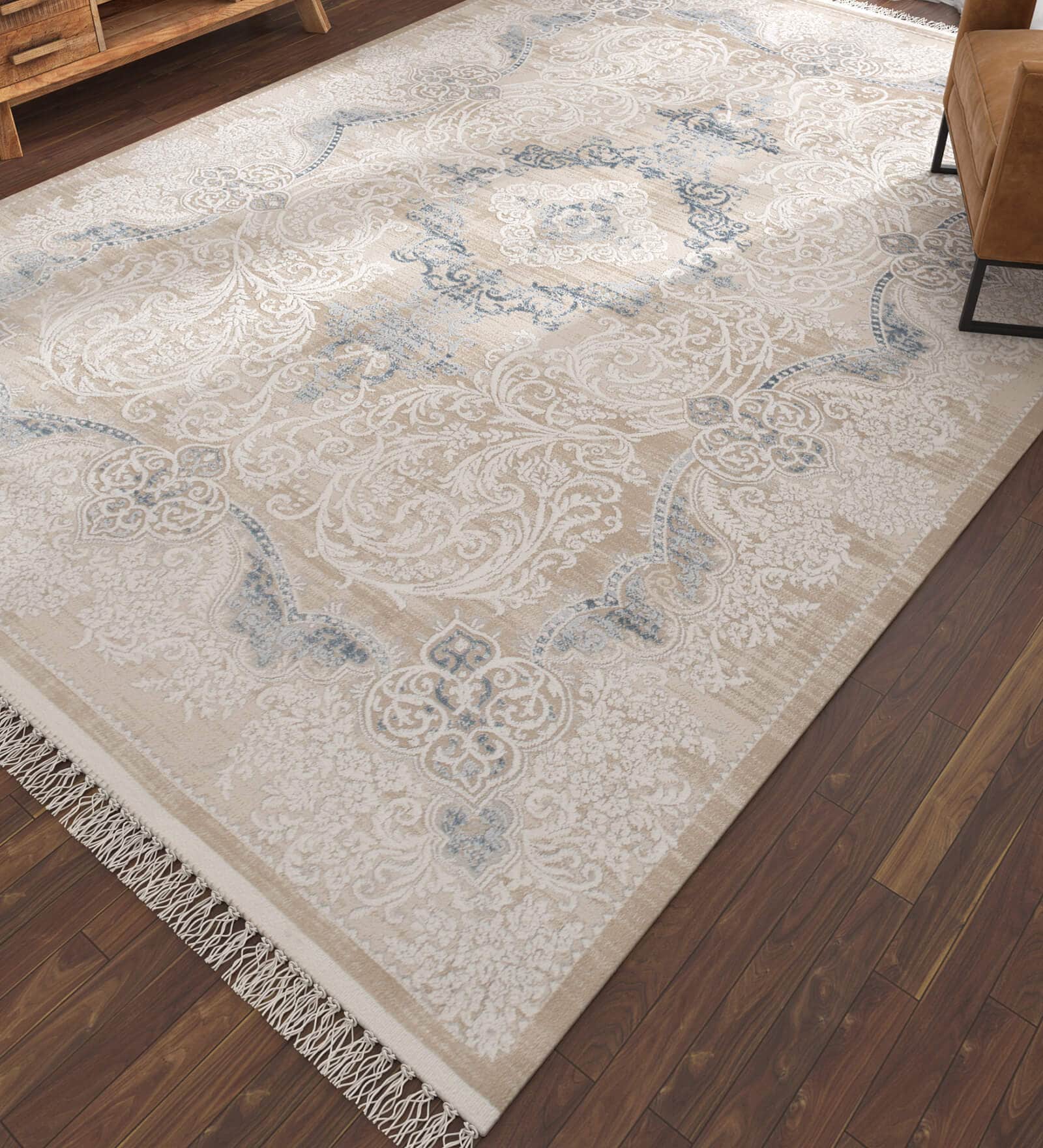 Beige And White Abstract Polyester 5X7 Feet Machine Made Carpet