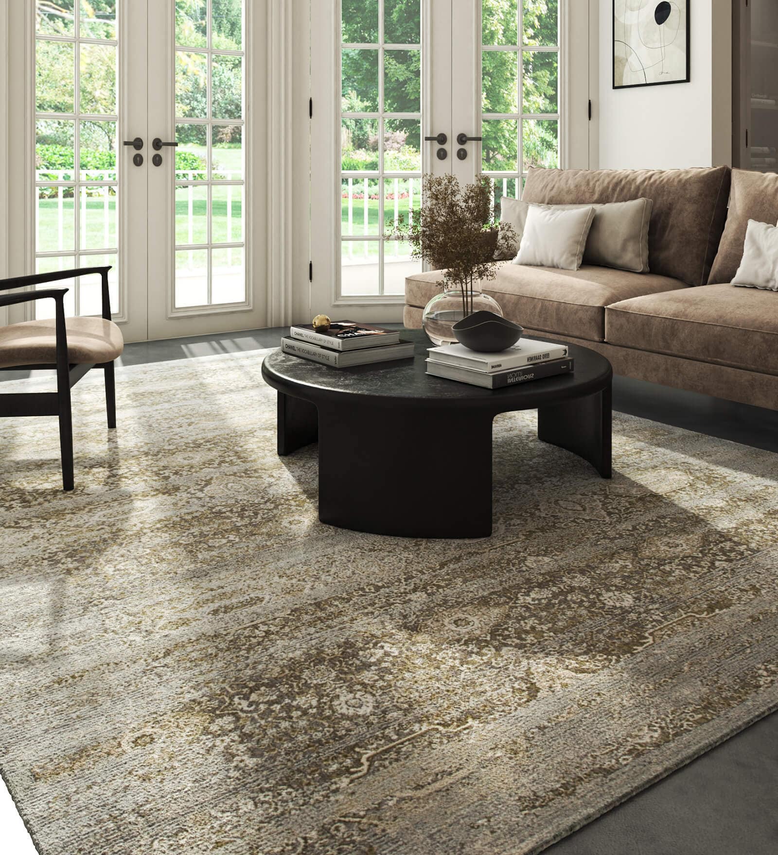 Grey And Green Abstract Polyester 5X7 Feet Machine Made Carpet