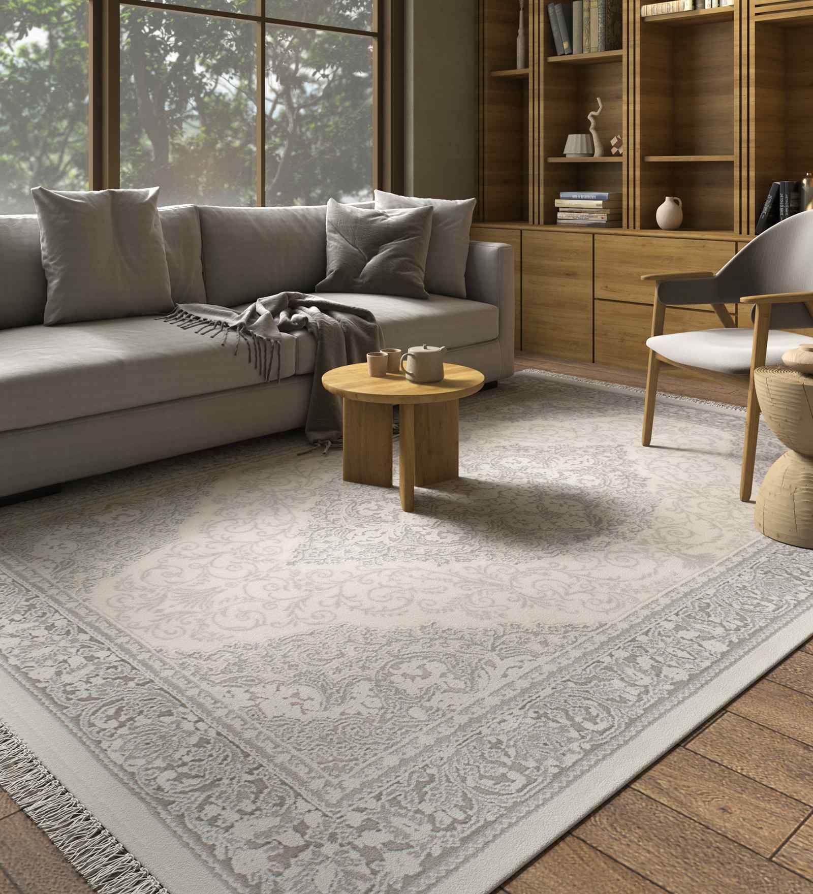 White And Grey Vintage Acrylic 4X6 Feet Machine Made Carpet