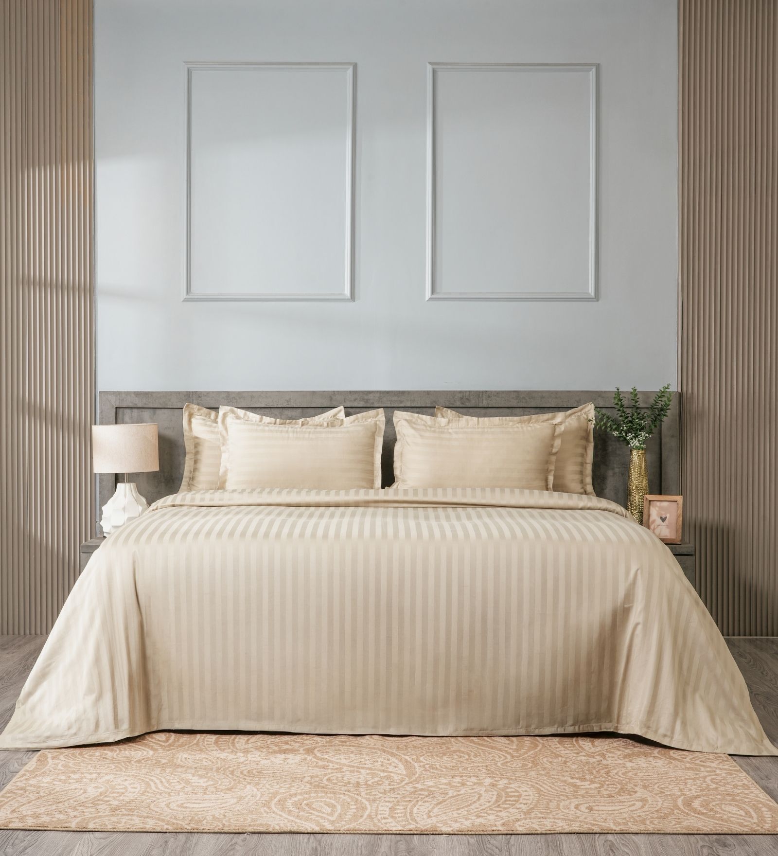 Cream 300TC 100% Cotton Stripe Flat Super King Bedsheet with 2 Pillow Covers
