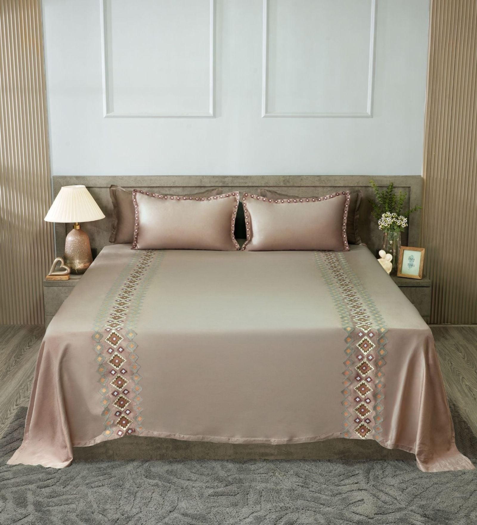Soft Smoke 300TC 100% Cotton Solids Flat Embroidered Super King Bedsheet With 2 Pillow Covers
