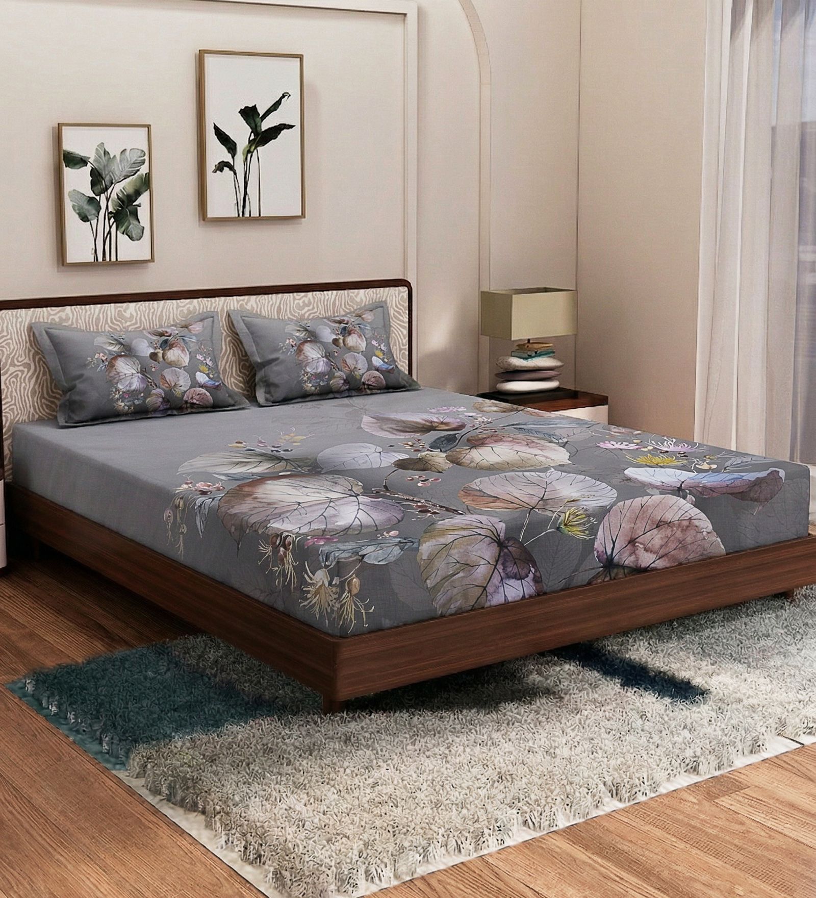 Grey Floral 180 TC Polyester King Sized Bedsheet With 2 Pillow Covers