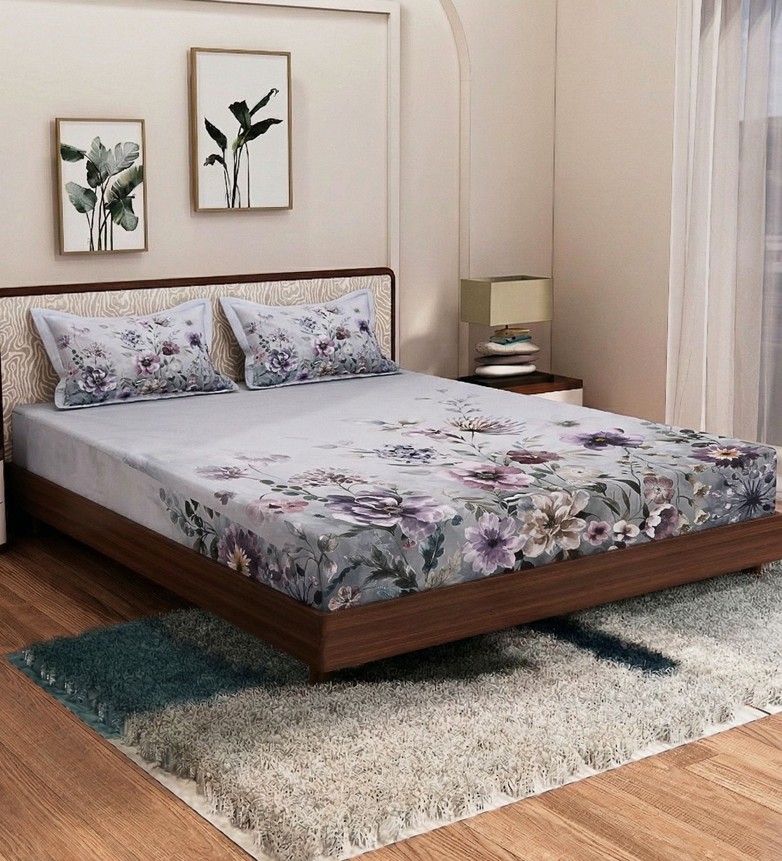 Grey Floral 180 TC Polyester King Sized Bedsheet With 2 Pillow Covers