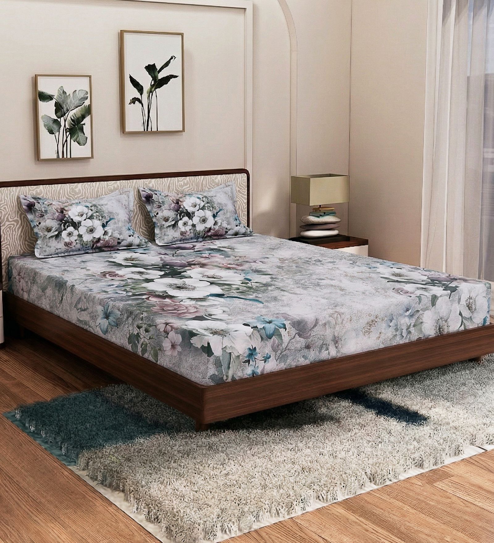 Purple Floral 180 TC Polyester King Sized Bedsheet With 2 Pillow Covers