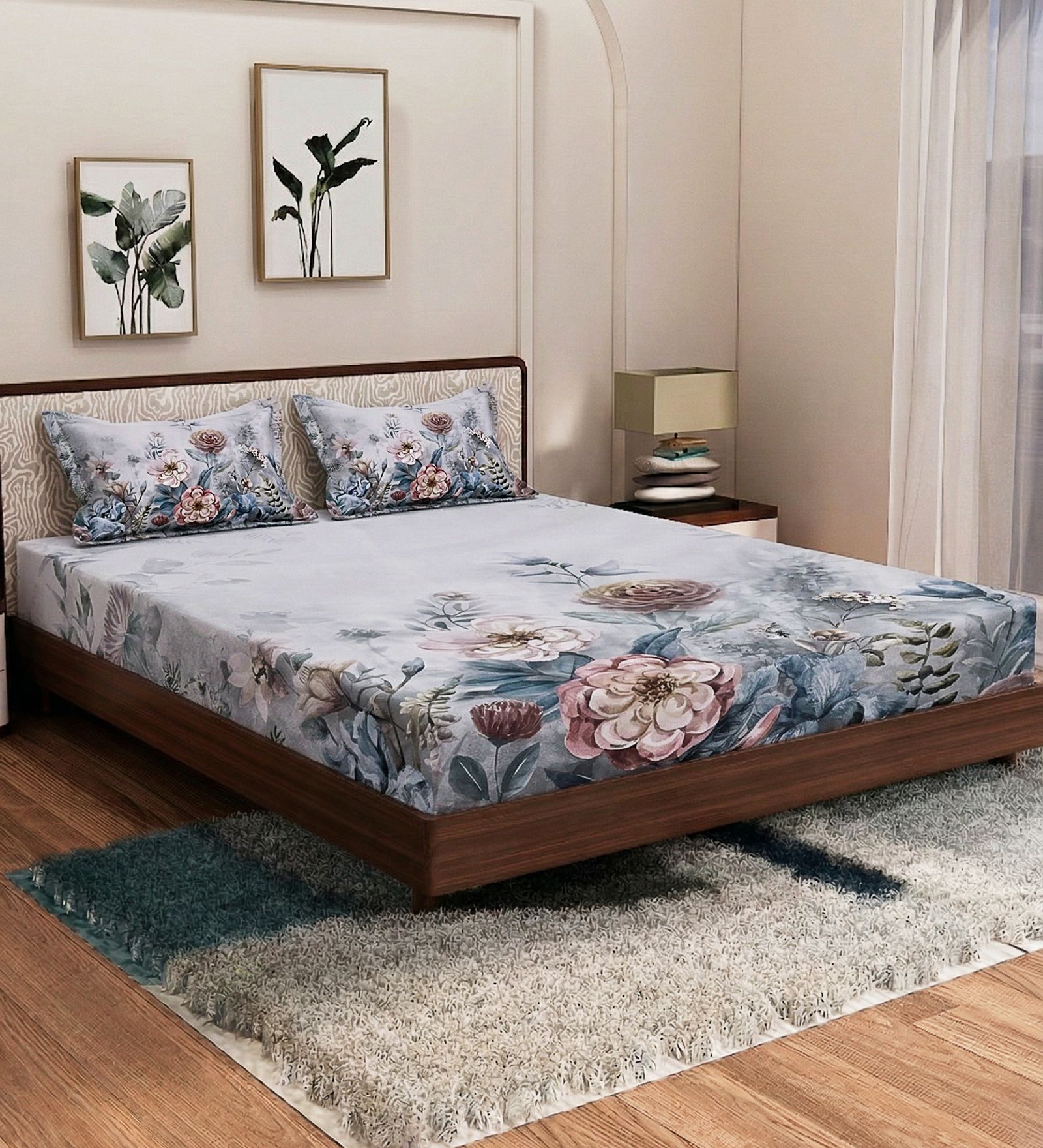 Brown Floral 180 TC Polyester King Sized Bedsheet With 2 Pillow Covers