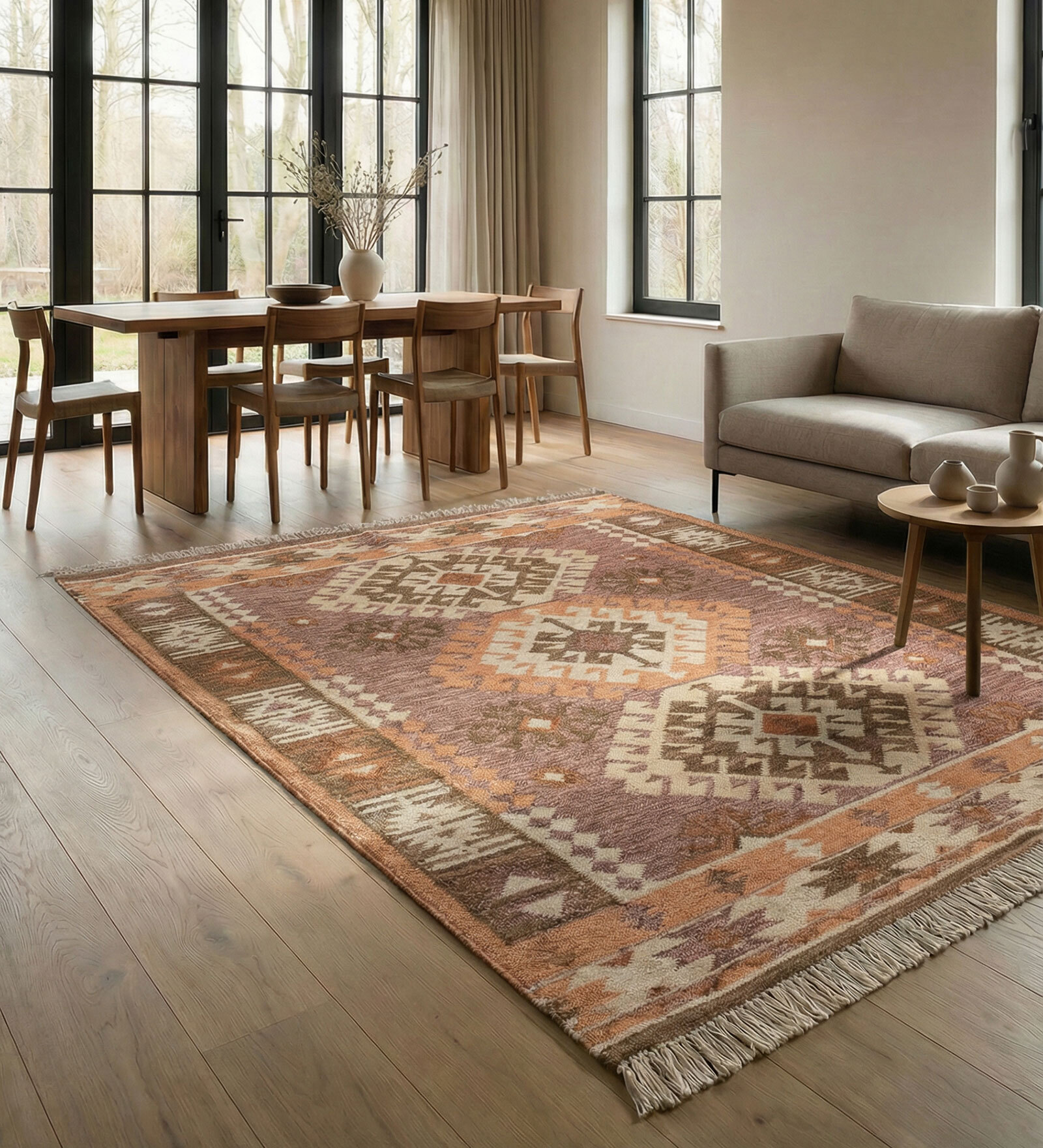 Soft Tribal Geometric Rug 4'6X6'6 ft| Orange & Bright Yellow Carpet Dhurrie