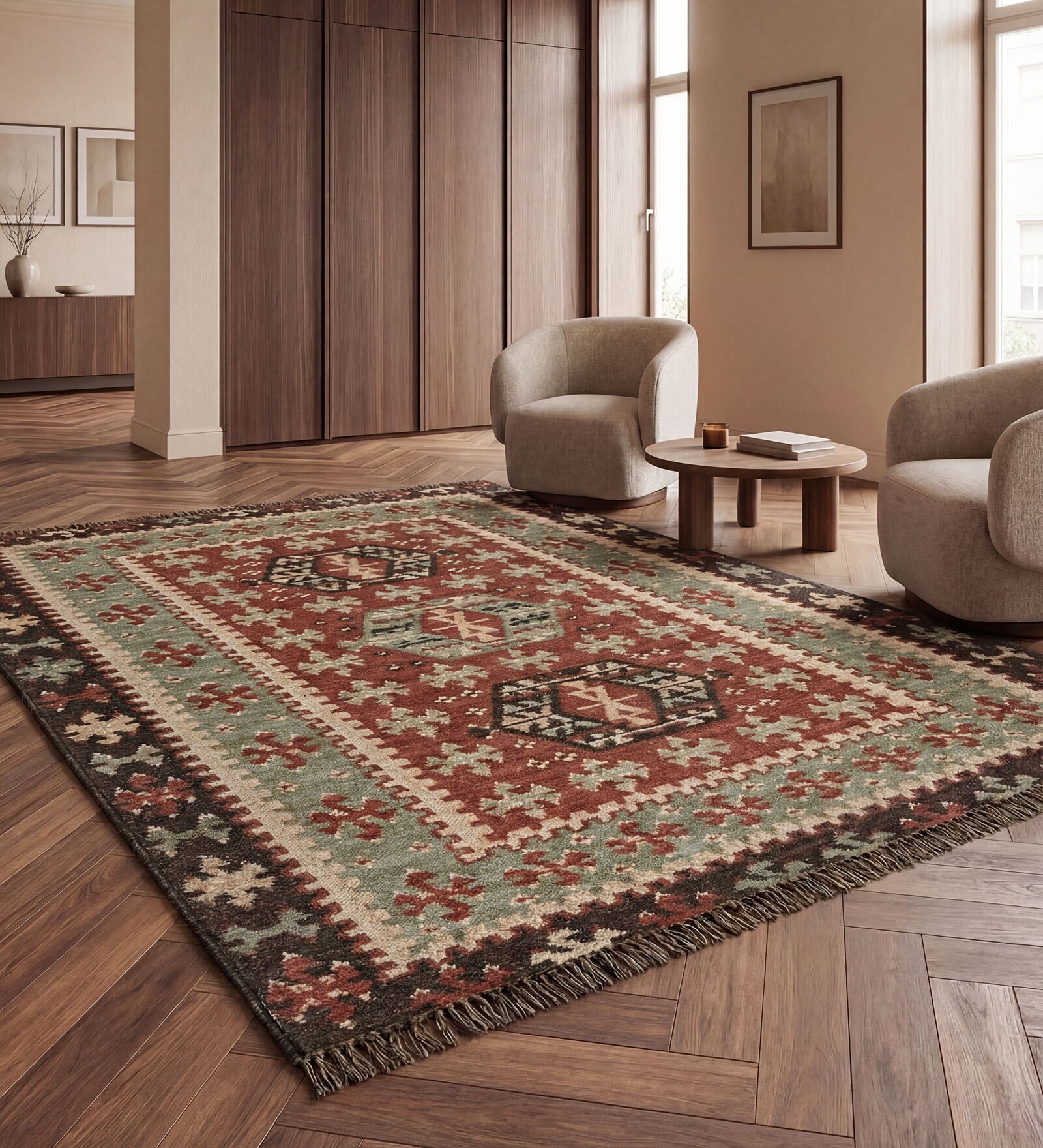 Soft Tribal Geometric Rug 4'6X6'6 ft| Ribbon Red & Treetop Carpet Dhurrie