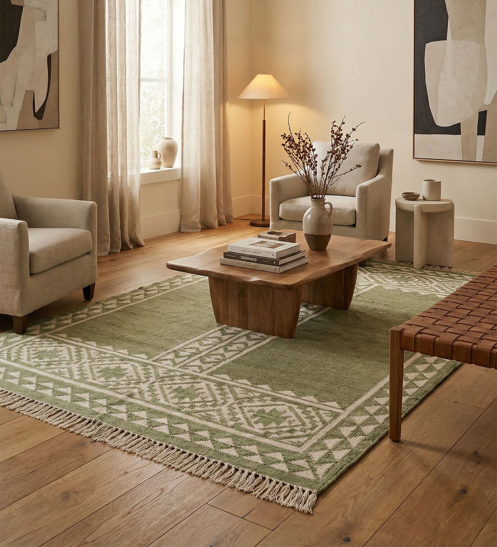 Soft Tribal Geometric Rug 4X6 ft| Treetop & White Carpet Dhurrie